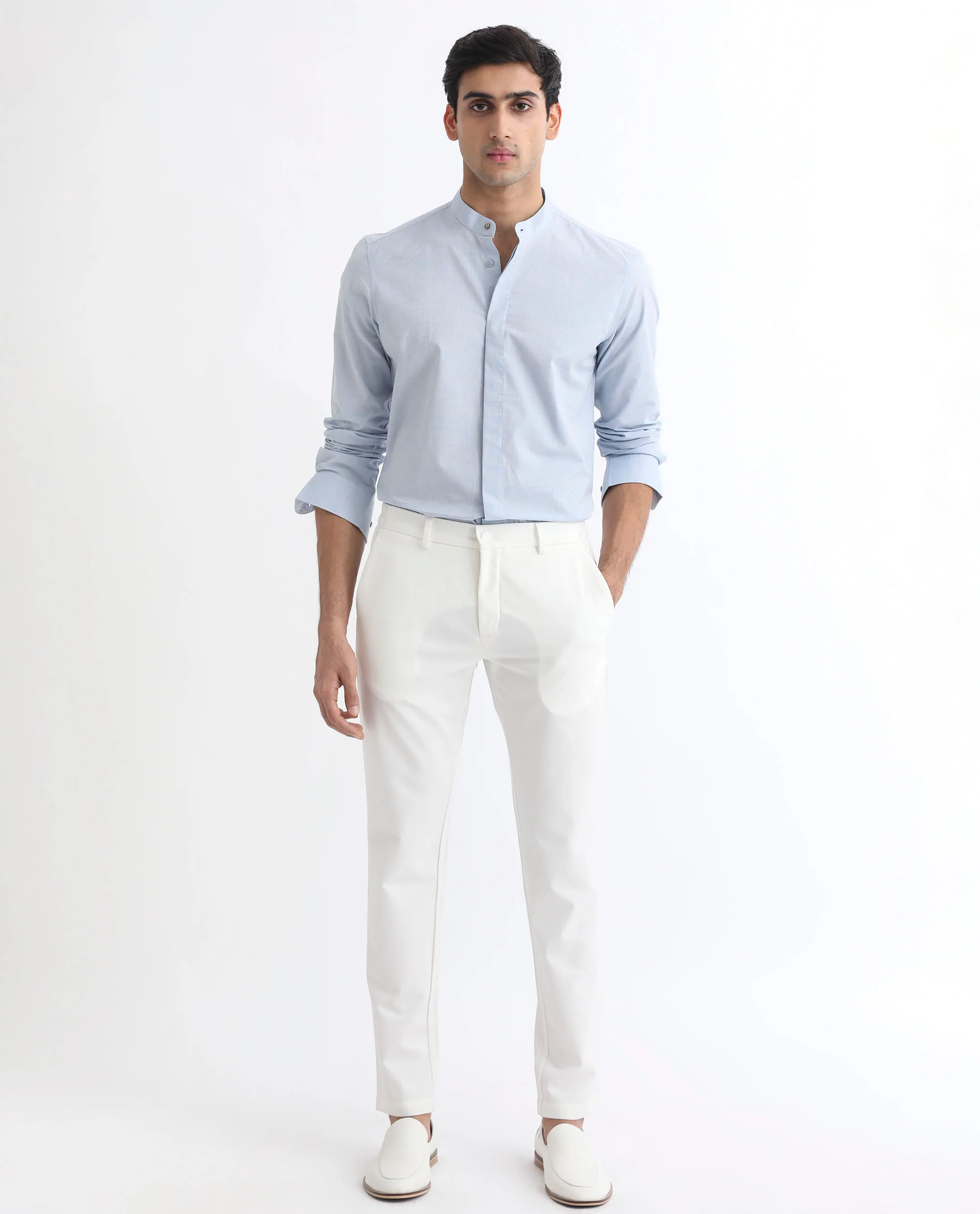 Rare Rabbit Men's Cadmi Light Blue Cotton Plain Regular Fit Full Sleeve Mandarin Collar Shirt - Image 2