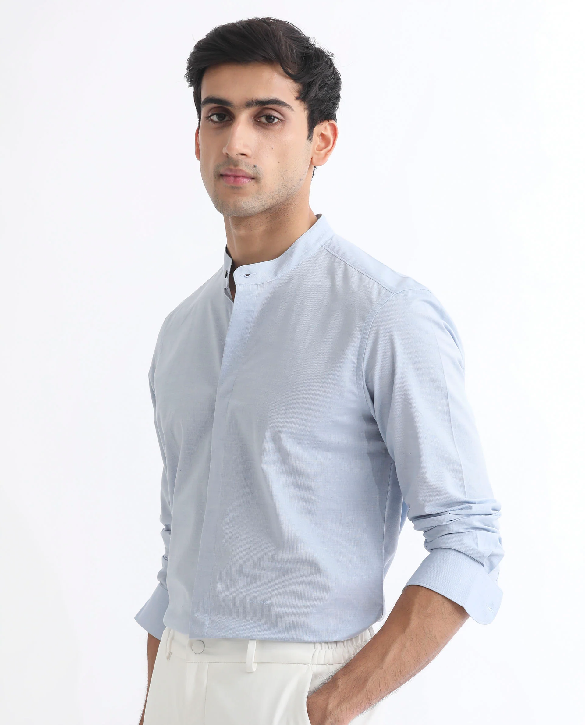 Rare Rabbit Men's Cadmi Light Blue Cotton Plain Regular Fit Full Sleeve Mandarin Collar Shirt - Image 3