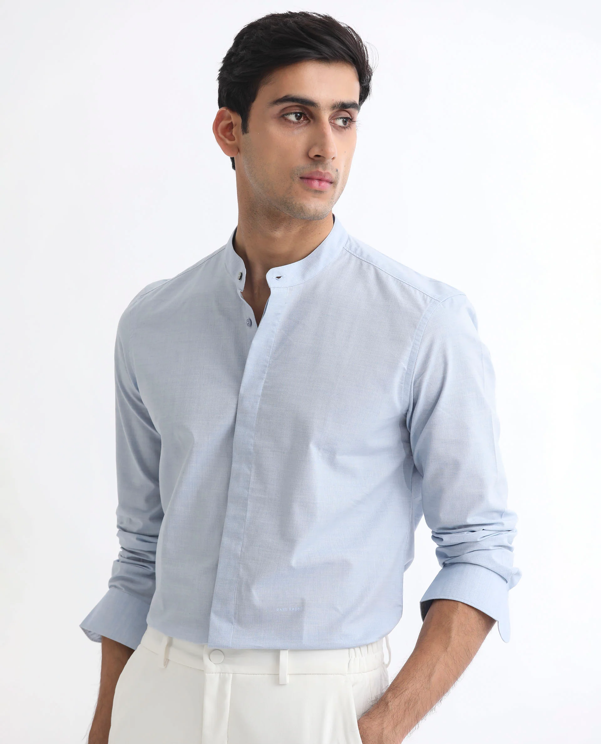 Rare Rabbit Men's Cadmi Light Blue Cotton Plain Regular Fit Full Sleeve Mandarin Collar Shirt - Image 4