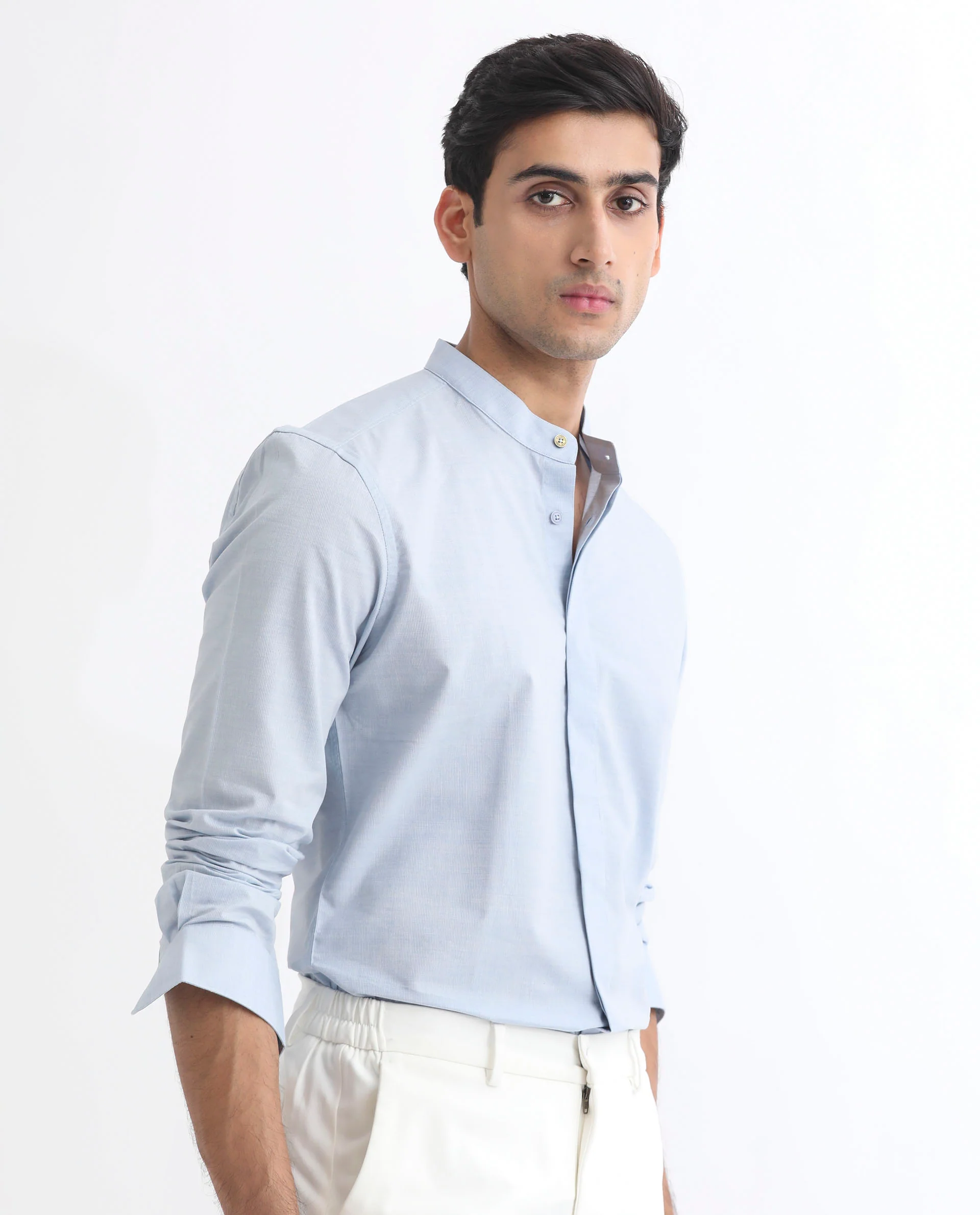 Rare Rabbit Men's Cadmi Light Blue Cotton Plain Regular Fit Full Sleeve Mandarin Collar Shirt - Image 6