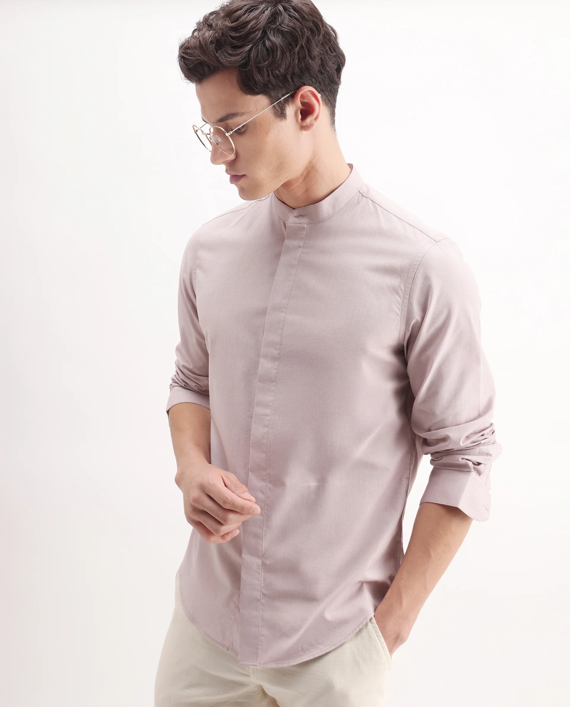 Rare Rabbit Men's Cadmi Light Pink Cotton Plain Regular Fit Full Sleeve Mandarin Collar Shirt