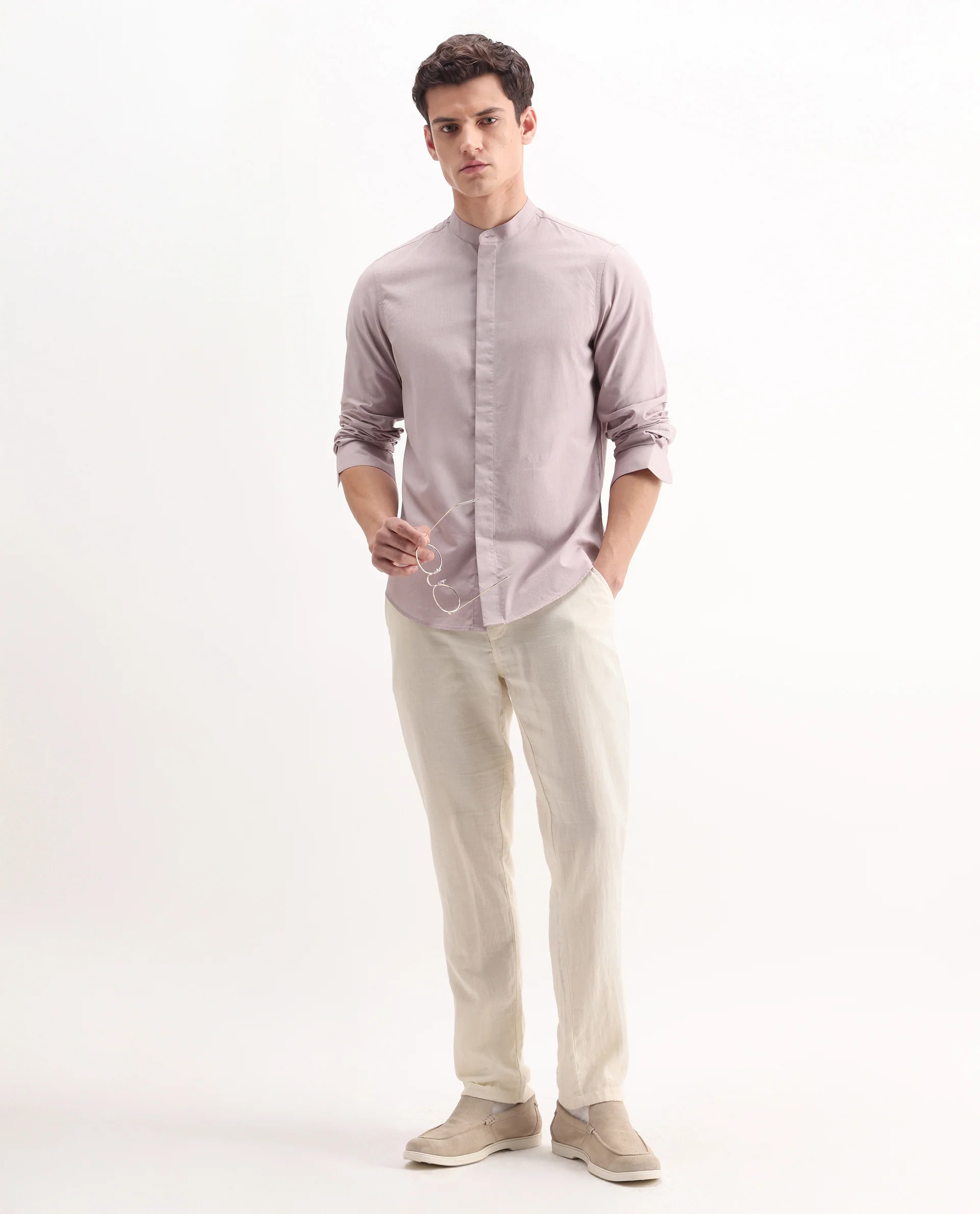 Rare Rabbit Men's Cadmi Light Pink Cotton Plain Regular Fit Full Sleeve Mandarin Collar Shirt - Image 2