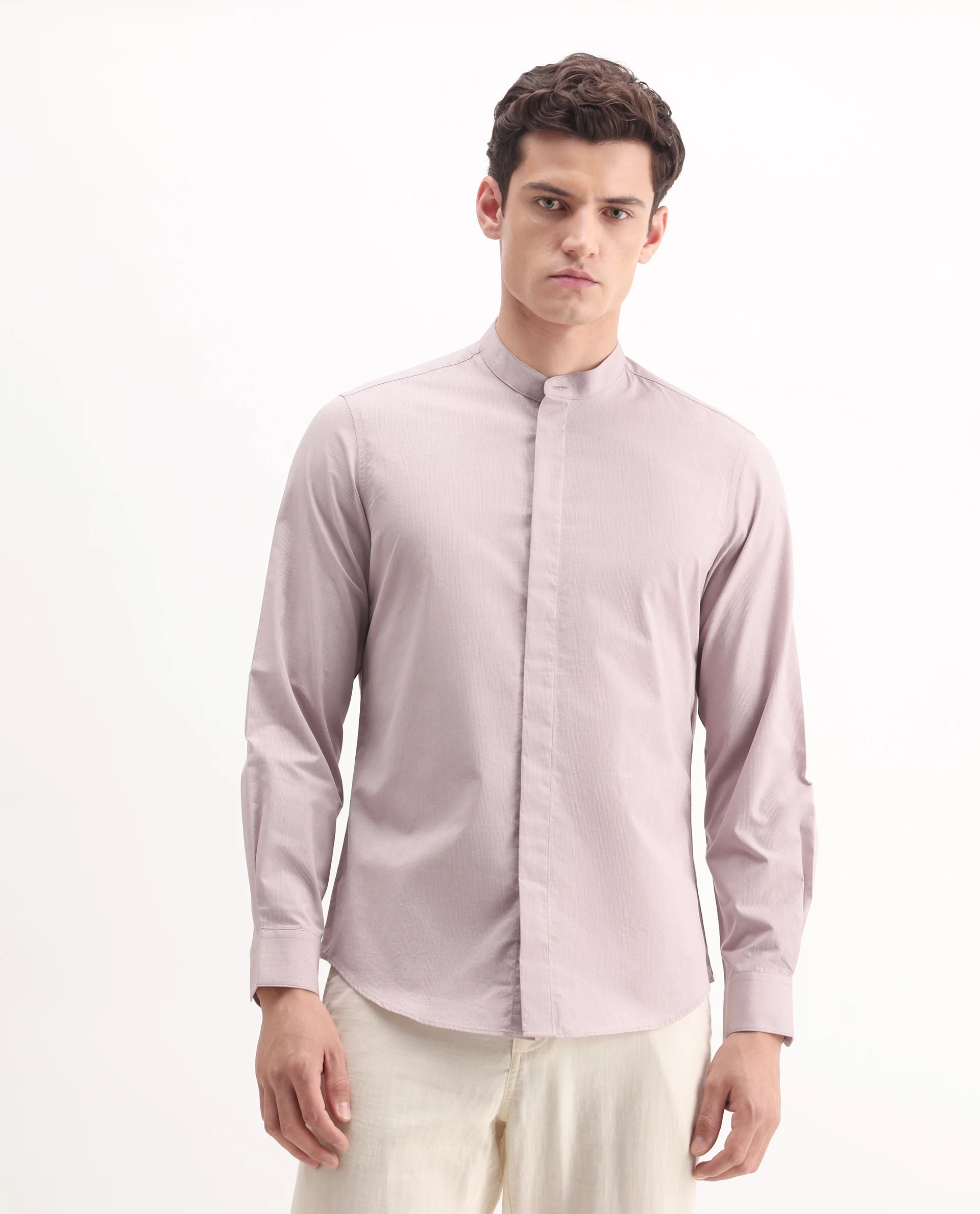 Rare Rabbit Men's Cadmi Light Pink Cotton Plain Regular Fit Full Sleeve Mandarin Collar Shirt - Image 3