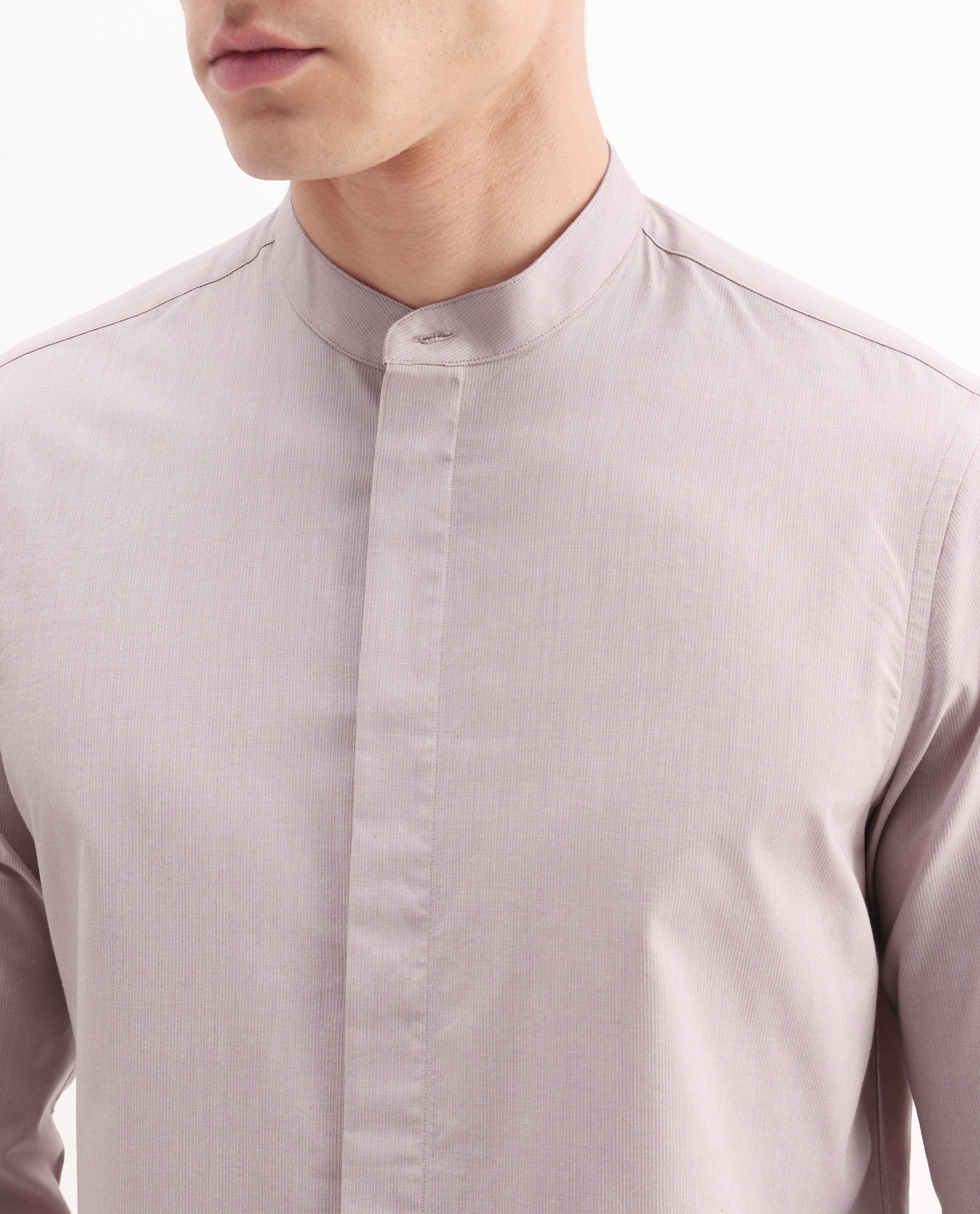 Rare Rabbit Men's Cadmi Light Pink Cotton Plain Regular Fit Full Sleeve Mandarin Collar Shirt - Image 4