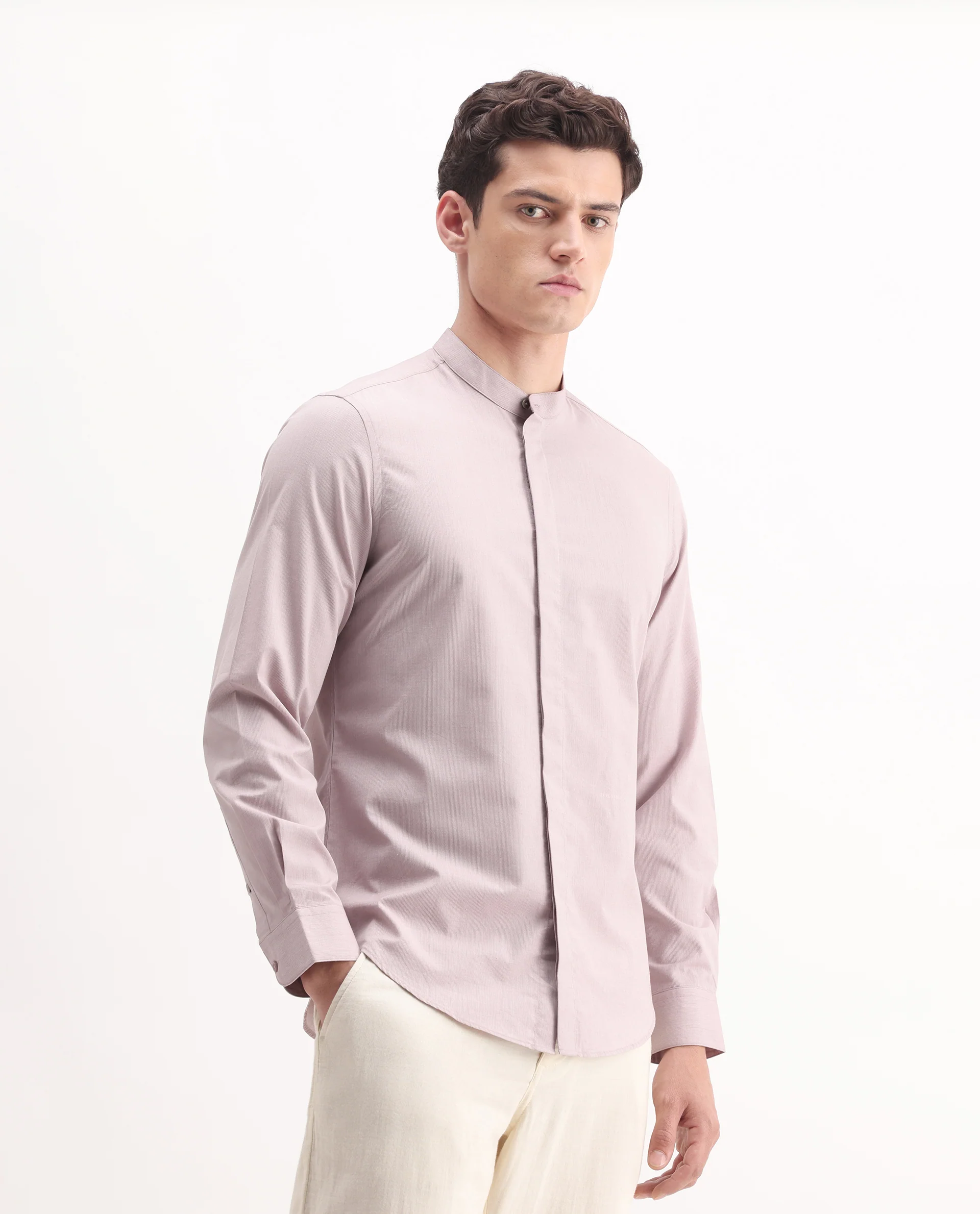 Rare Rabbit Men's Cadmi Light Pink Cotton Plain Regular Fit Full Sleeve Mandarin Collar Shirt - Image 5