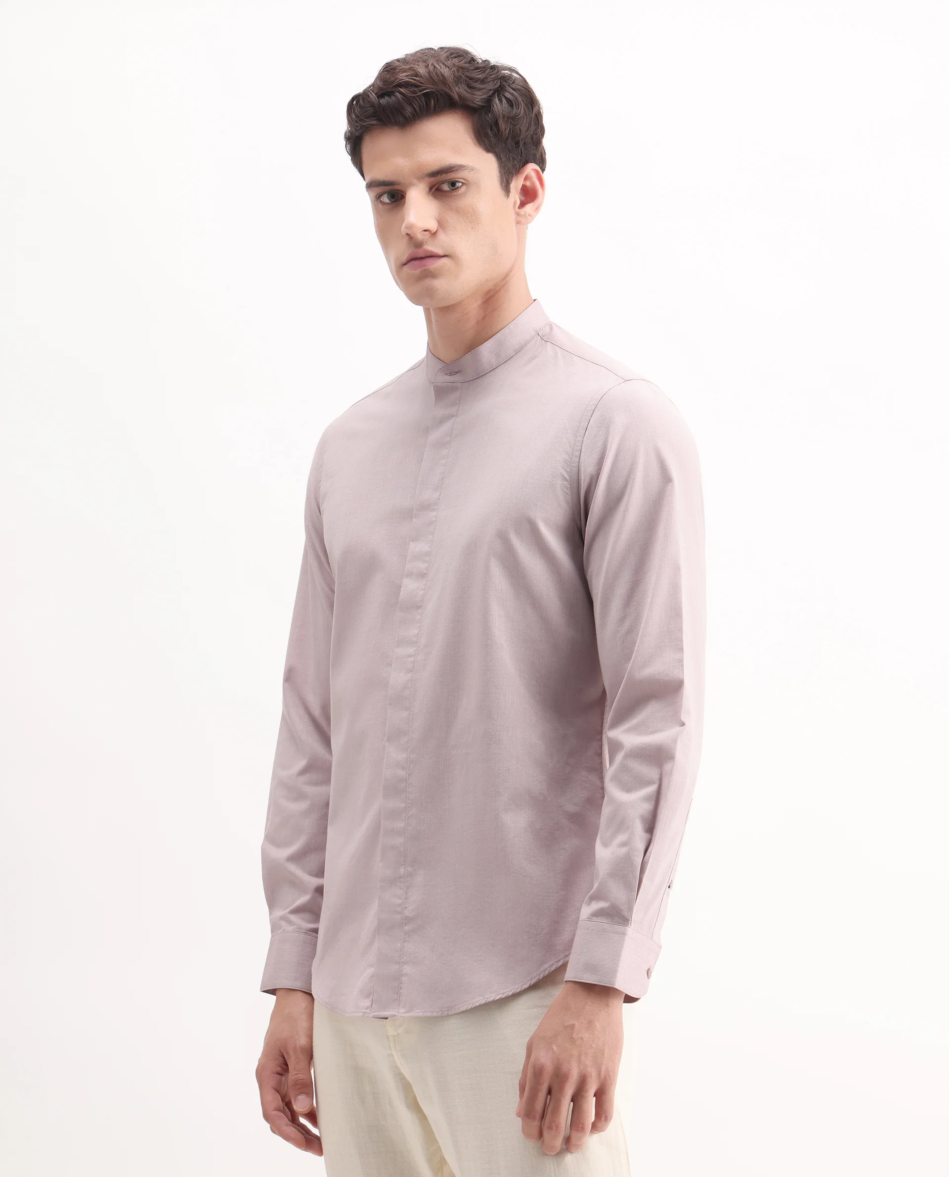 Rare Rabbit Men's Cadmi Light Pink Cotton Plain Regular Fit Full Sleeve Mandarin Collar Shirt - Image 6