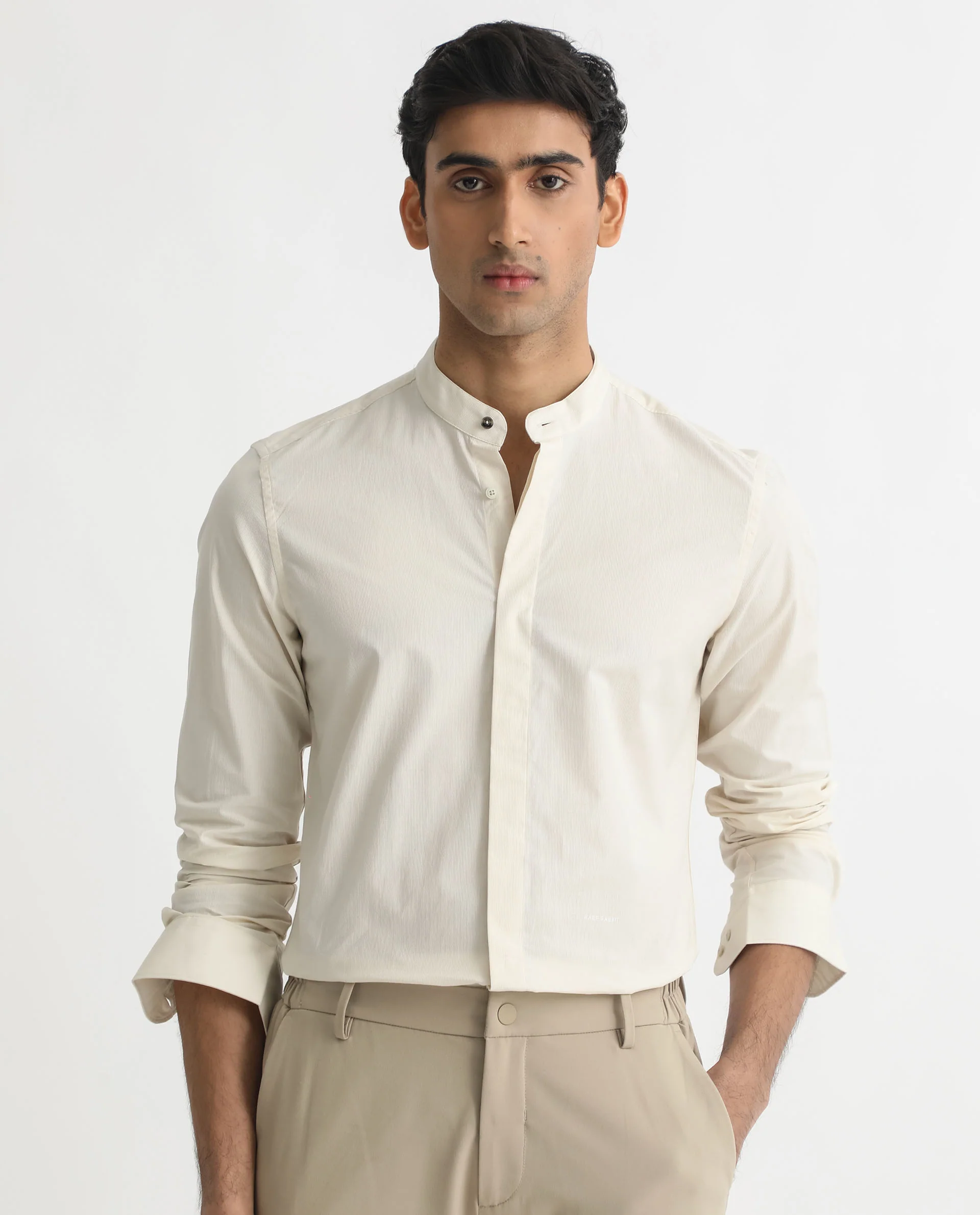 Rare Rabbit Men's Cadmi Light Yellow Cotton Plain Regular Fit Full Sleeve Mandarin Collar Shirt