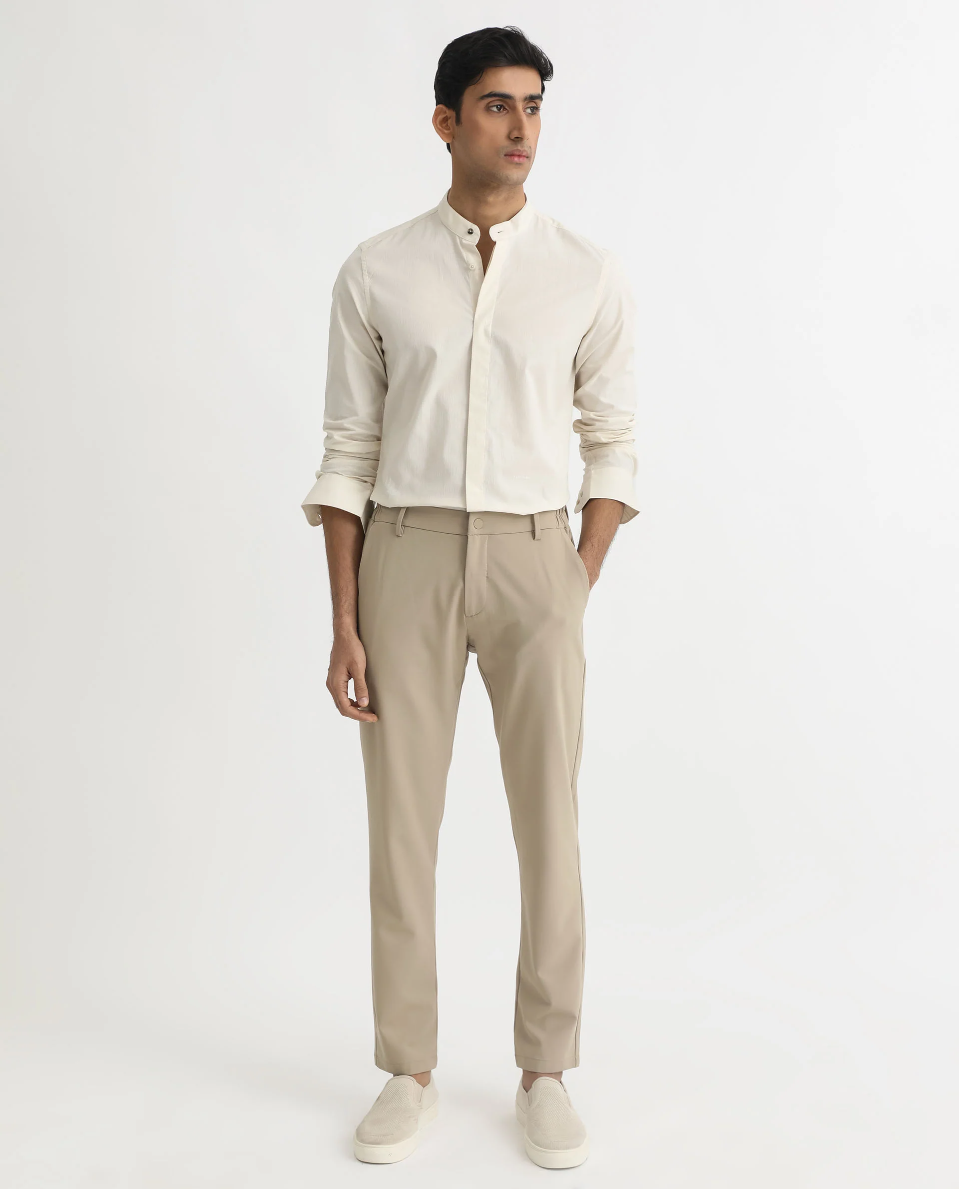 Rare Rabbit Men's Cadmi Light Yellow Cotton Plain Regular Fit Full Sleeve Mandarin Collar Shirt - Image 2