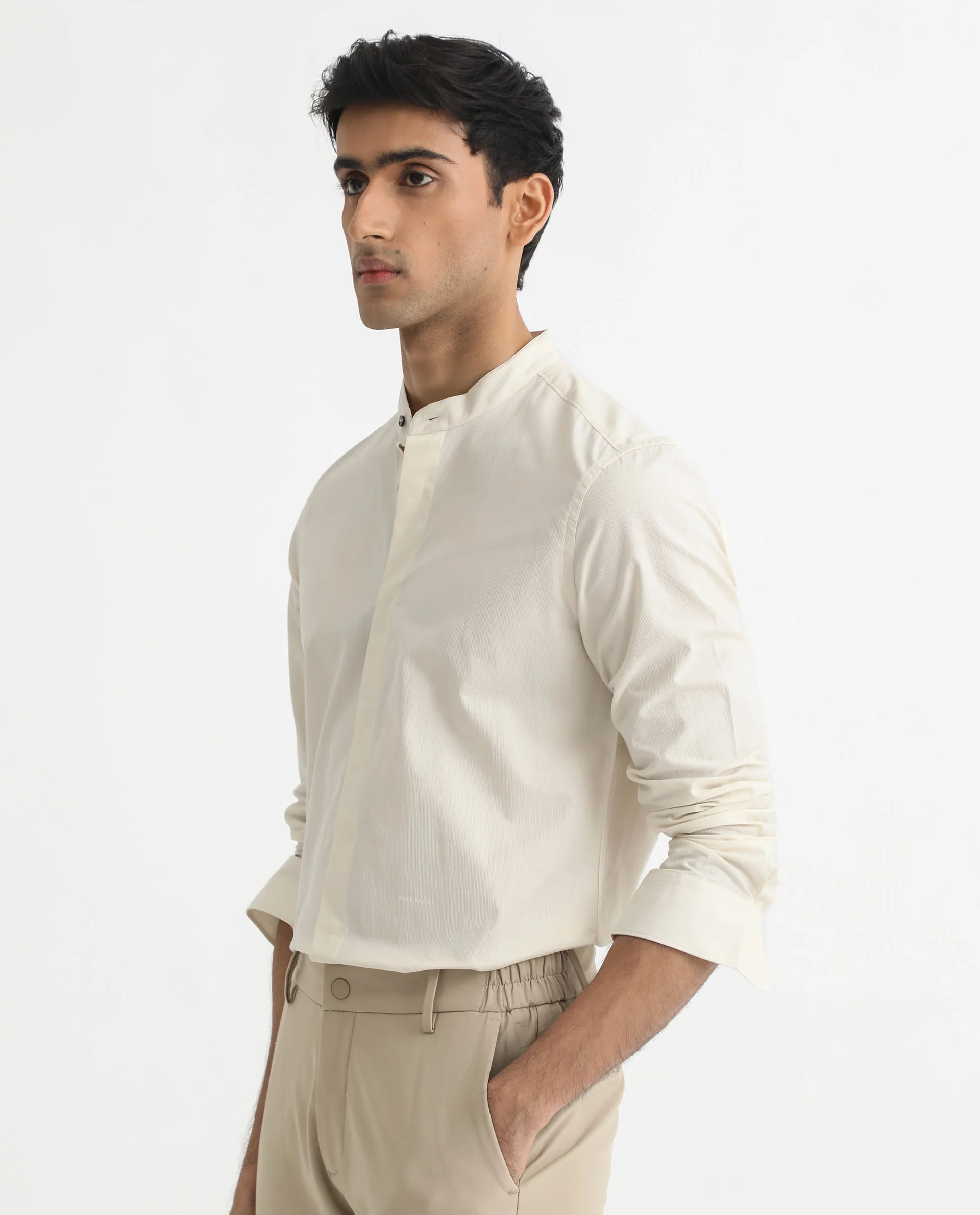 Rare Rabbit Men's Cadmi Light Yellow Cotton Plain Regular Fit Full Sleeve Mandarin Collar Shirt - Image 3