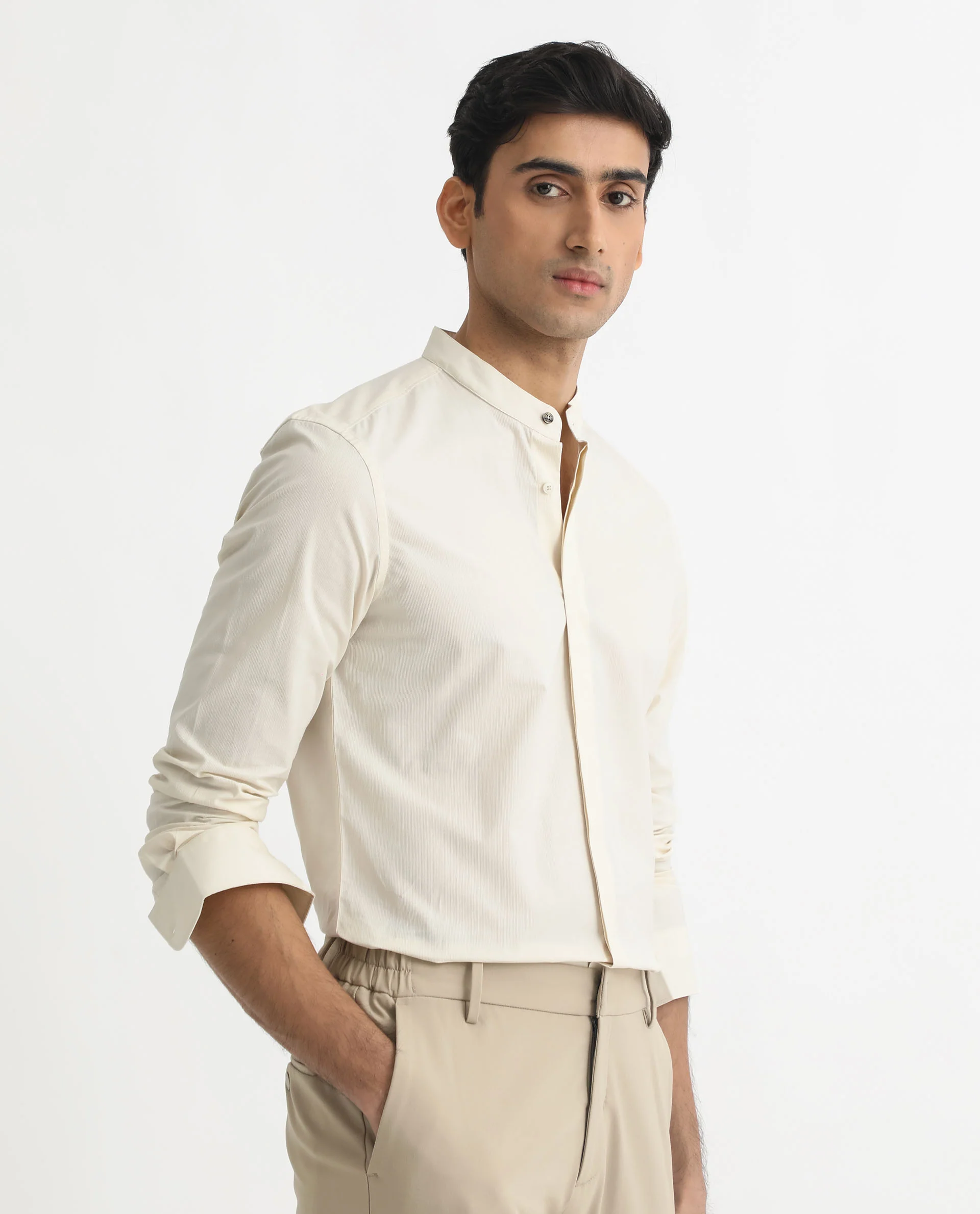 Rare Rabbit Men's Cadmi Light Yellow Cotton Plain Regular Fit Full Sleeve Mandarin Collar Shirt - Image 7