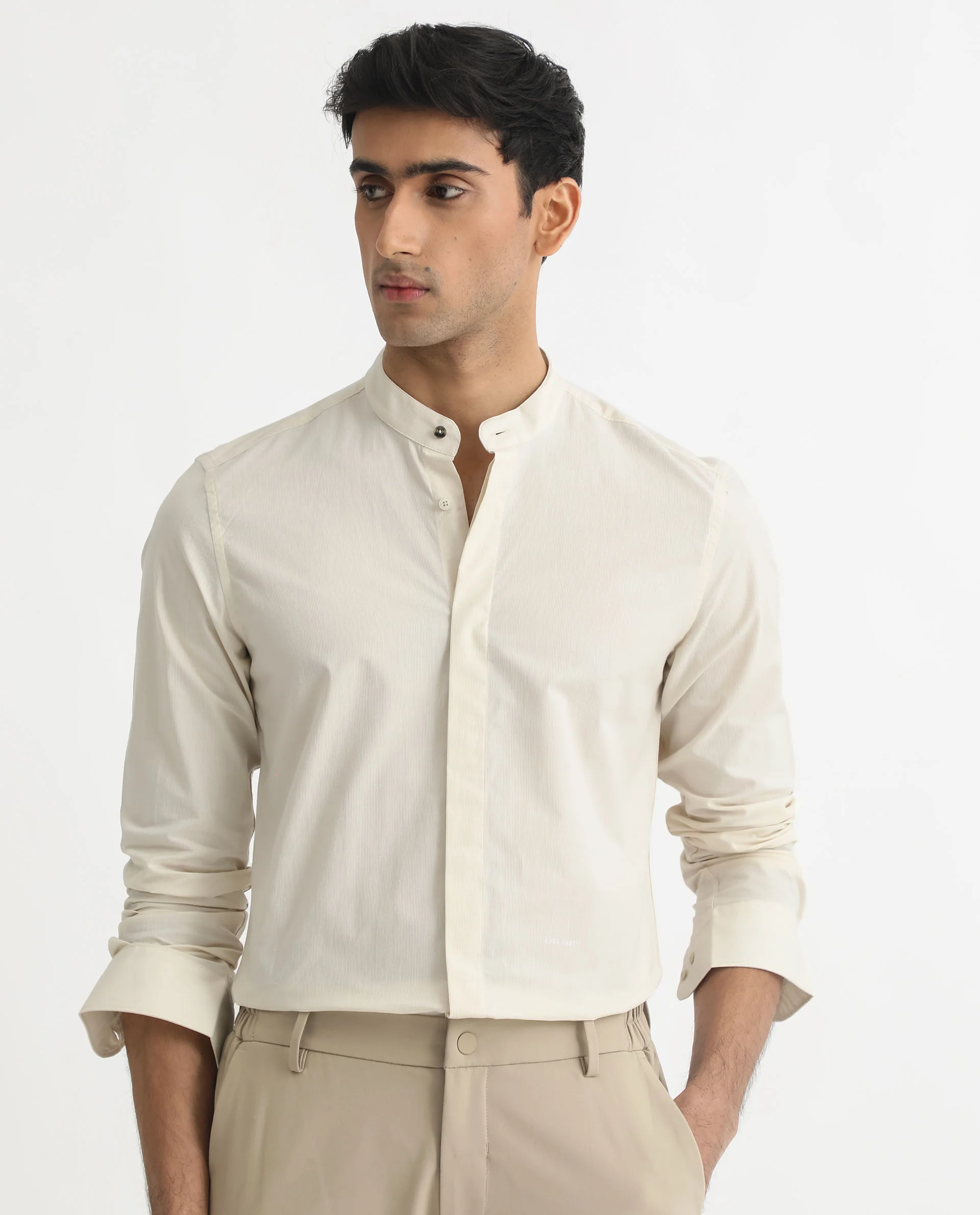 Rare Rabbit Men's Cadmi Light Yellow Cotton Plain Regular Fit Full Sleeve Mandarin Collar Shirt - Image 8