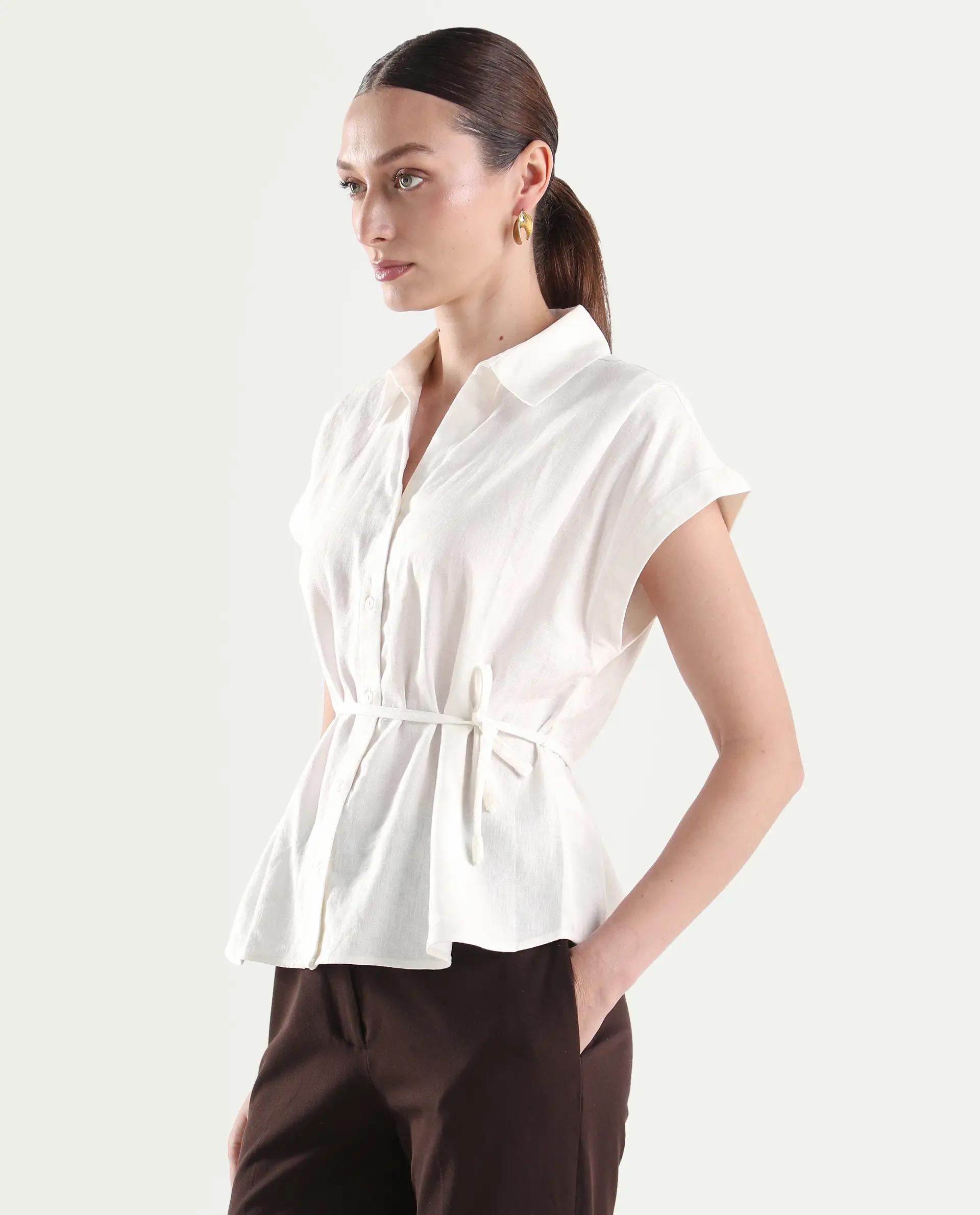 Rareism Women's Caes White Linen Blend Half Sleeve Boxy Plain Top - Image 5