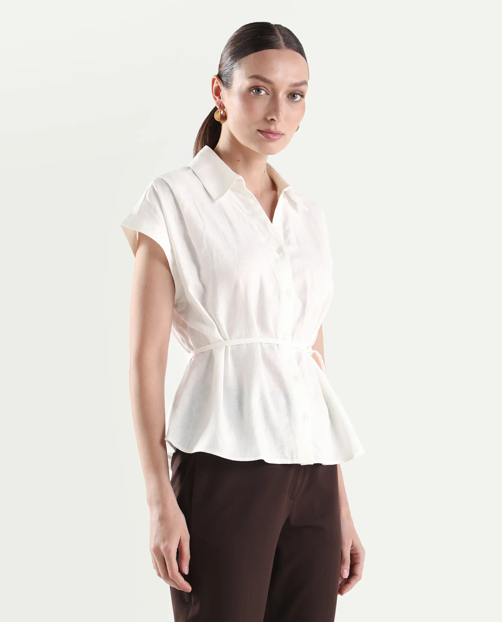 Rareism Women's Caes White Linen Blend Half Sleeve Boxy Plain Top - Image 6