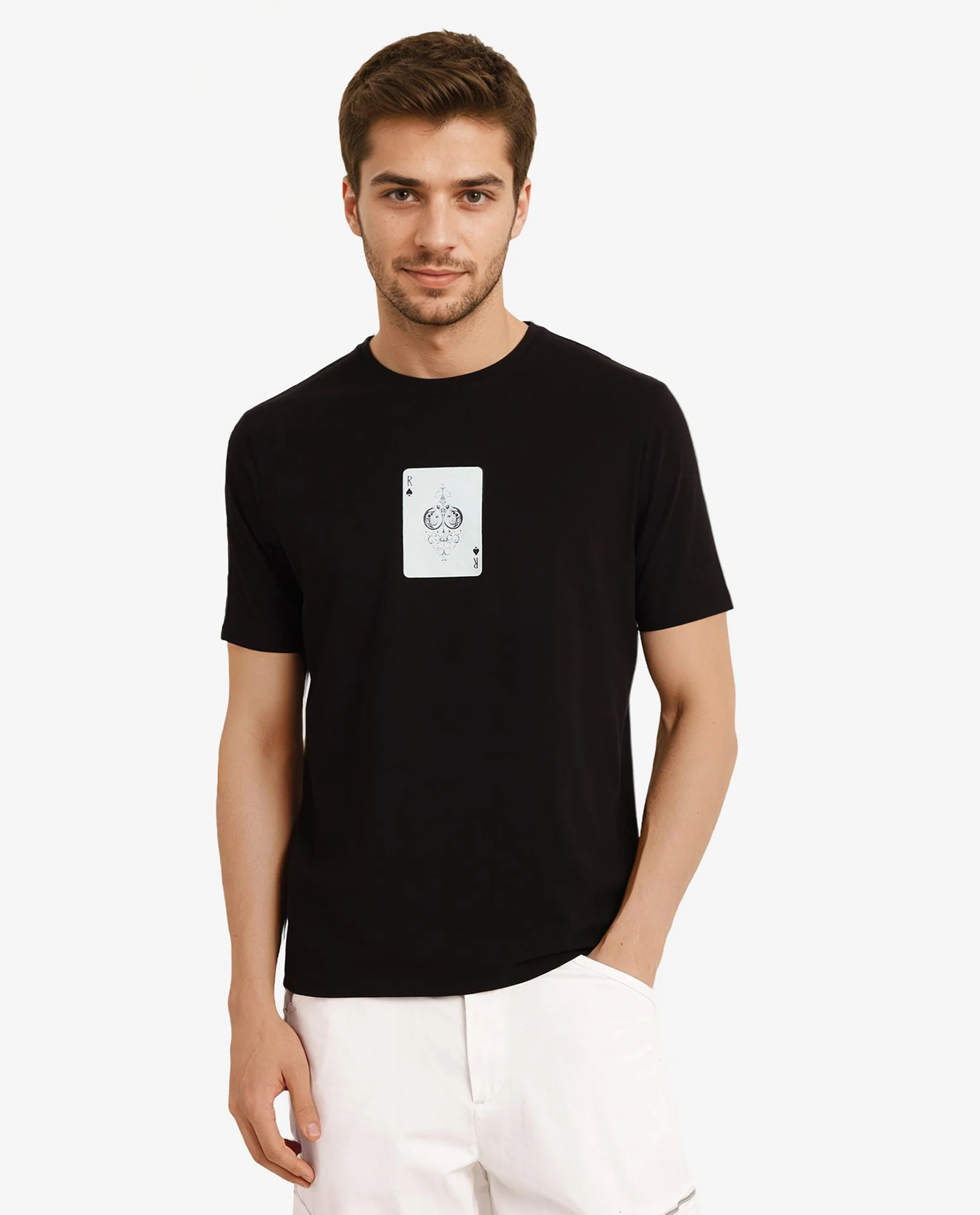 Rare Rabbit Men's Caf Black Cotton Graphic Print Regular Fit Half Sleeve Crew Neck T-Shirt - Image 3