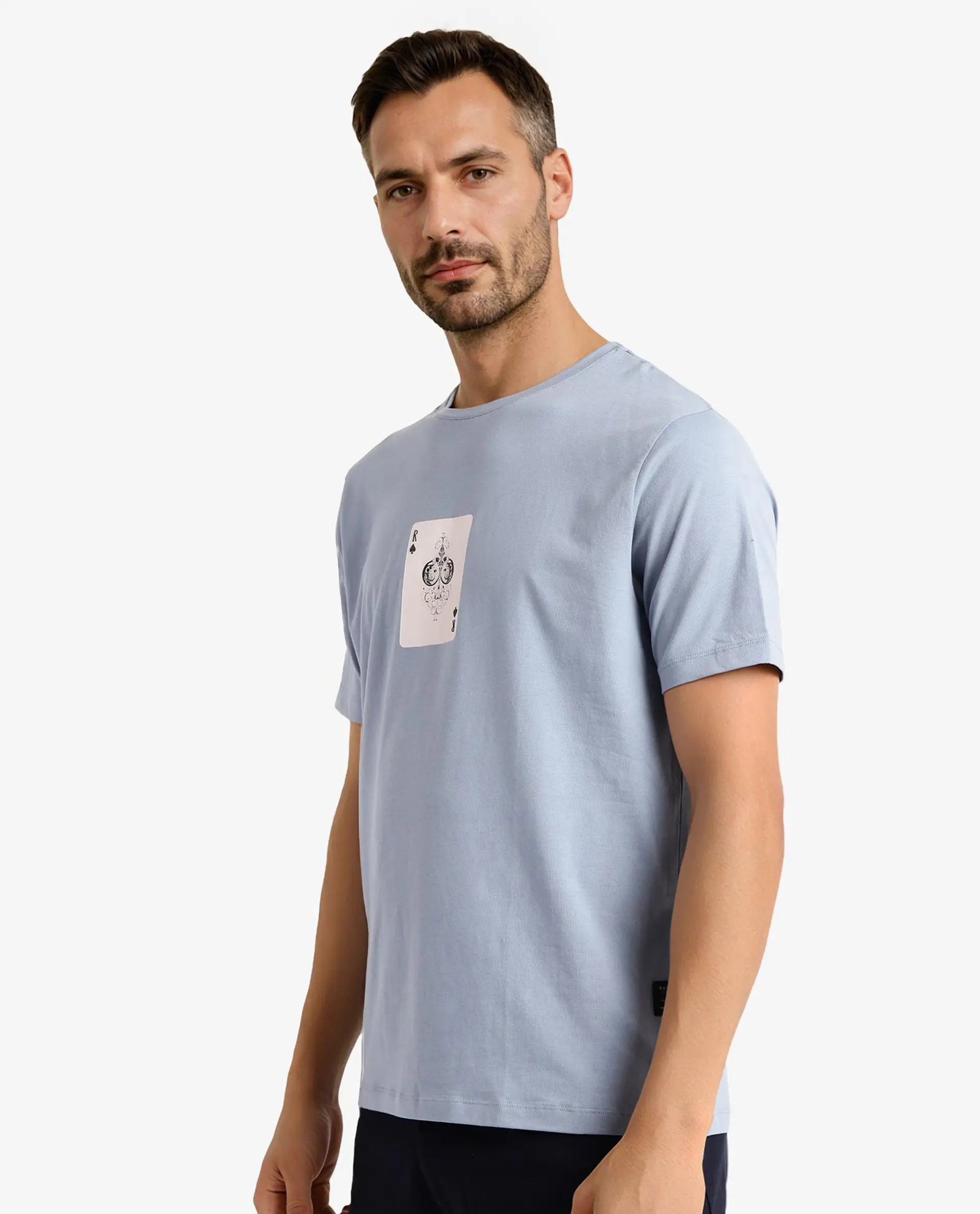 Rare Rabbit Men's Caf Dusky Blue Cotton Graphic Print Regular Fit Half Sleeve Crew Neck T-Shirt - Image 5
