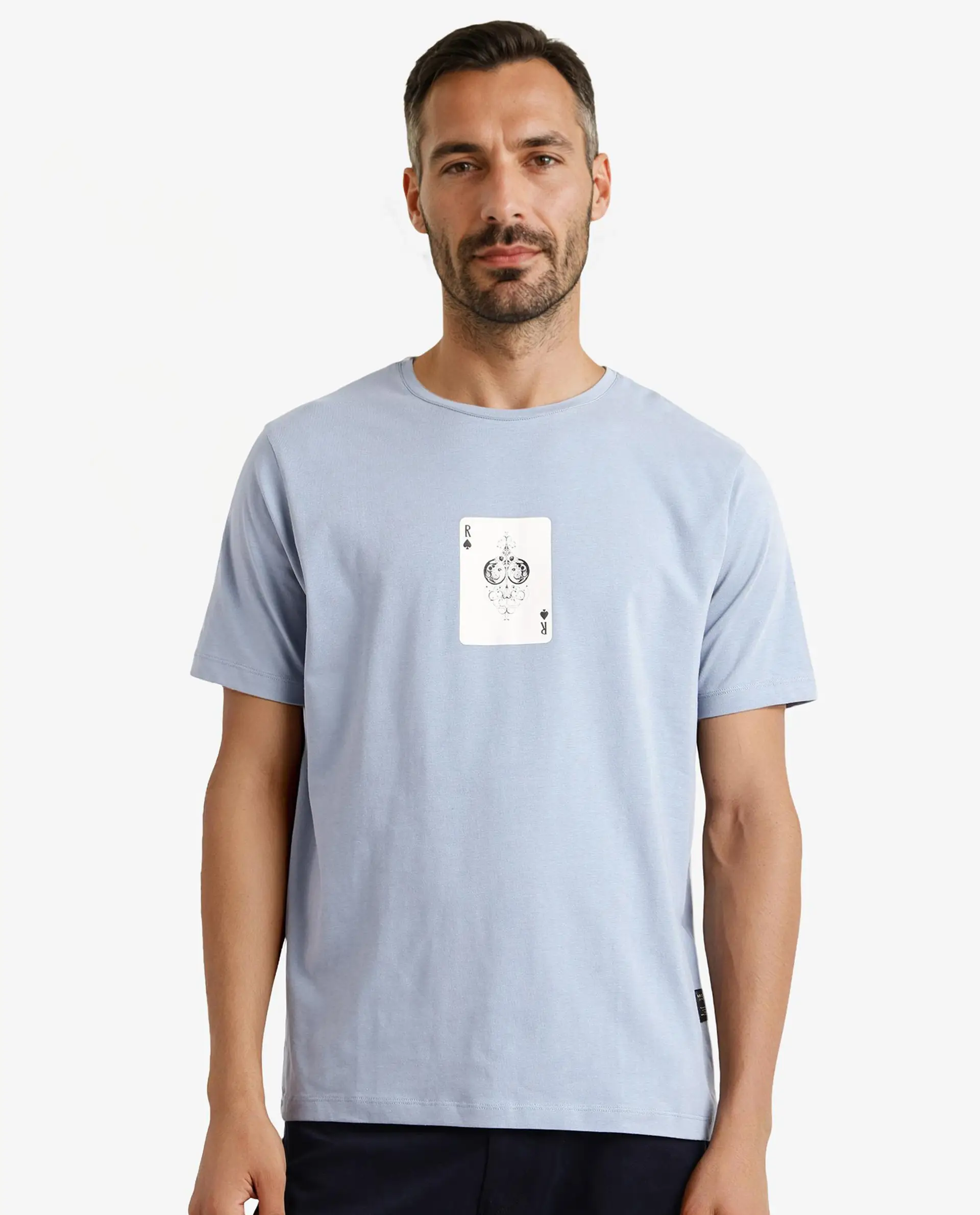 Rare Rabbit Men's Caf Dusky Blue Cotton Graphic Print Regular Fit Half Sleeve Crew Neck T-Shirt - Image 6