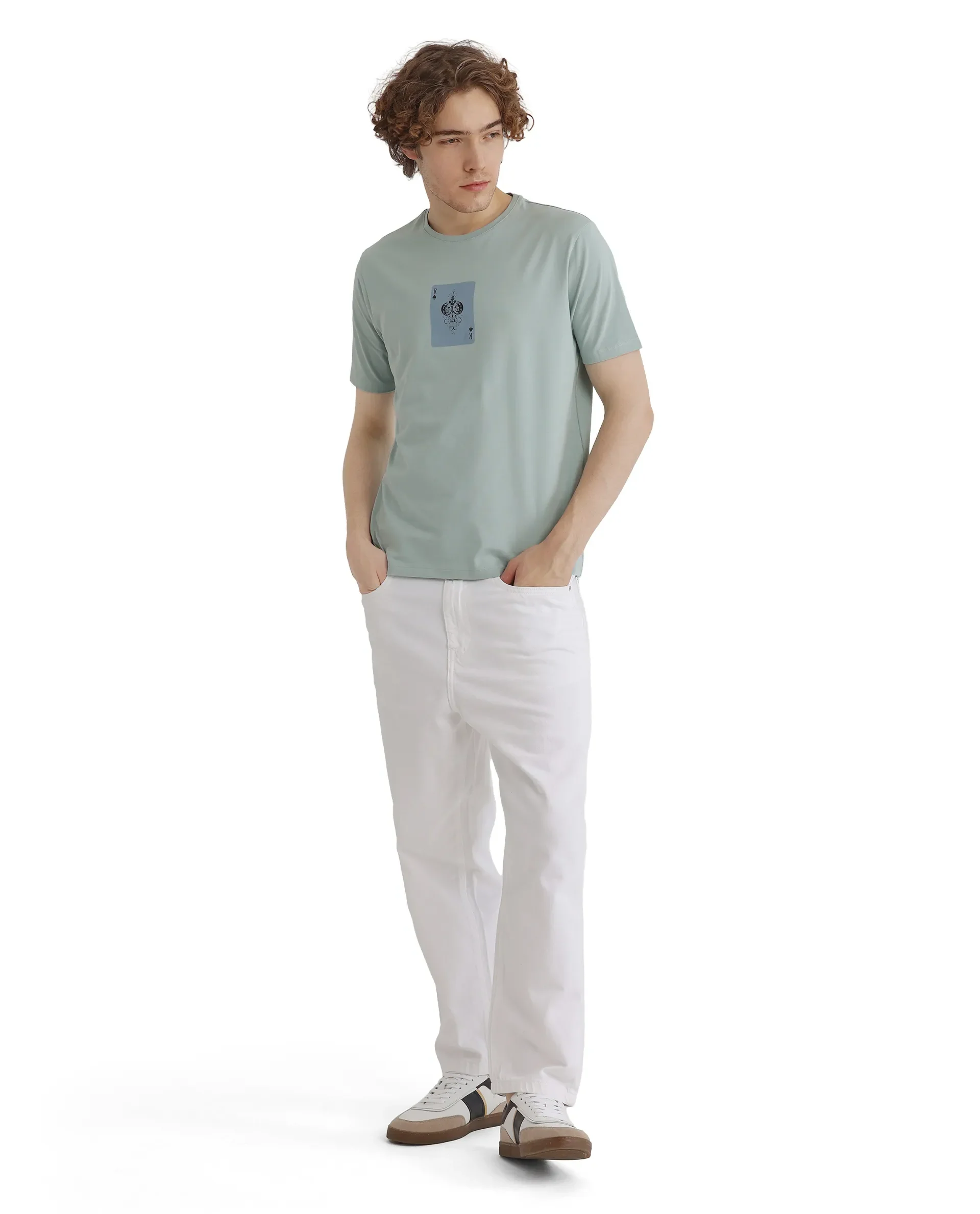 Rare Rabbit Men's Caf Dusky Green Cotton Graphic Print Regular Fit Half Sleeve Crew Neck T-Shirt - Image 2