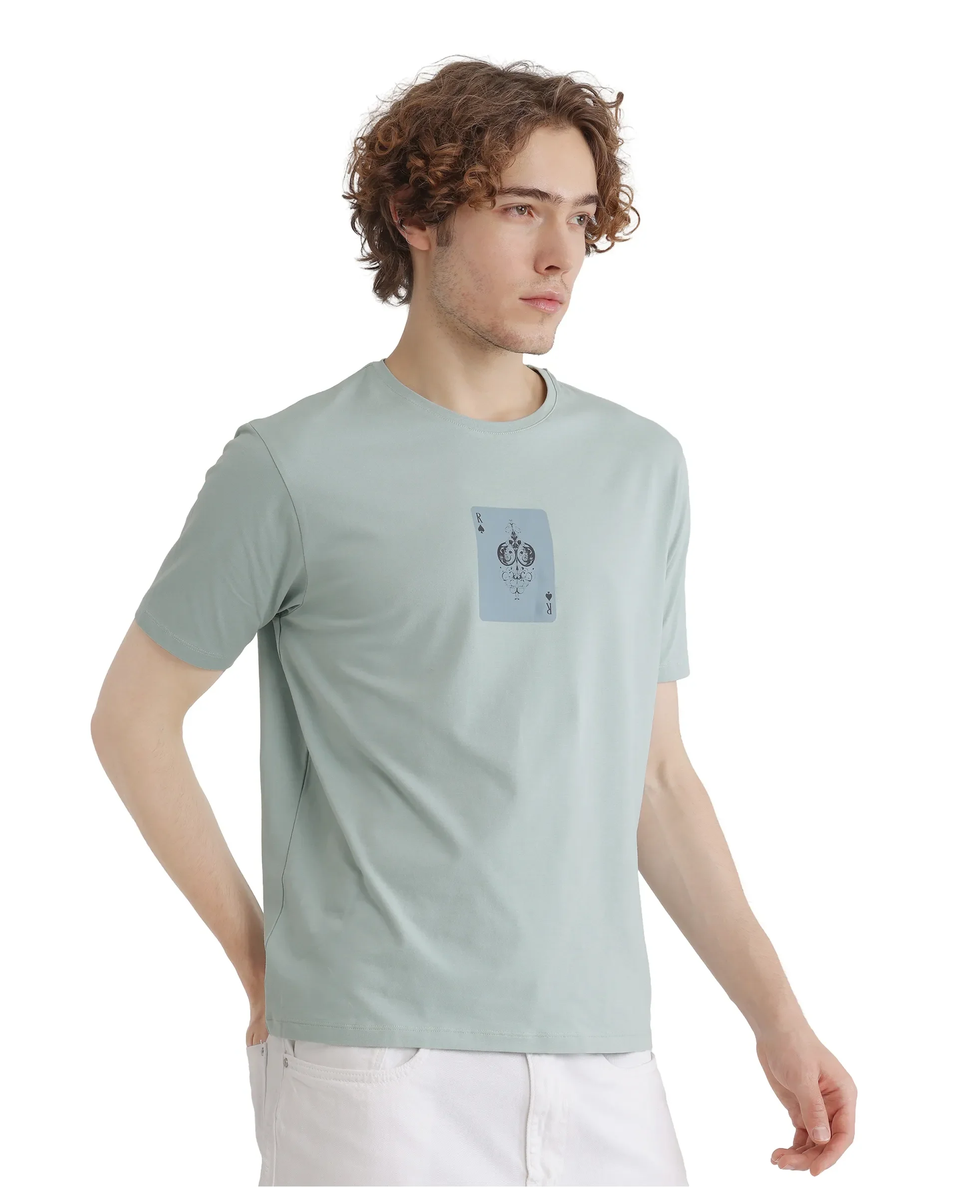 Rare Rabbit Men's Caf Dusky Green Cotton Graphic Print Regular Fit Half Sleeve Crew Neck T-Shirt - Image 5