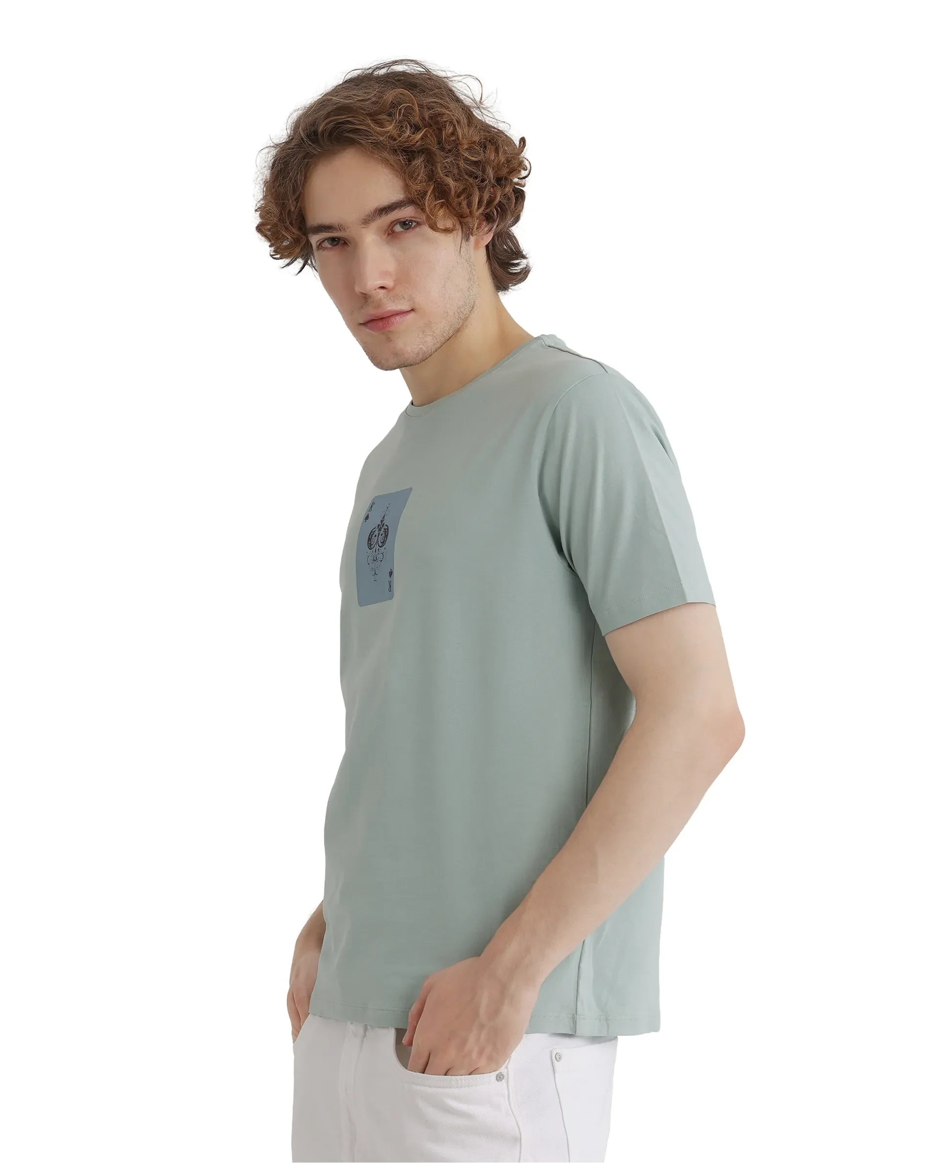 Rare Rabbit Men's Caf Dusky Green Cotton Graphic Print Regular Fit Half Sleeve Crew Neck T-Shirt - Image 6