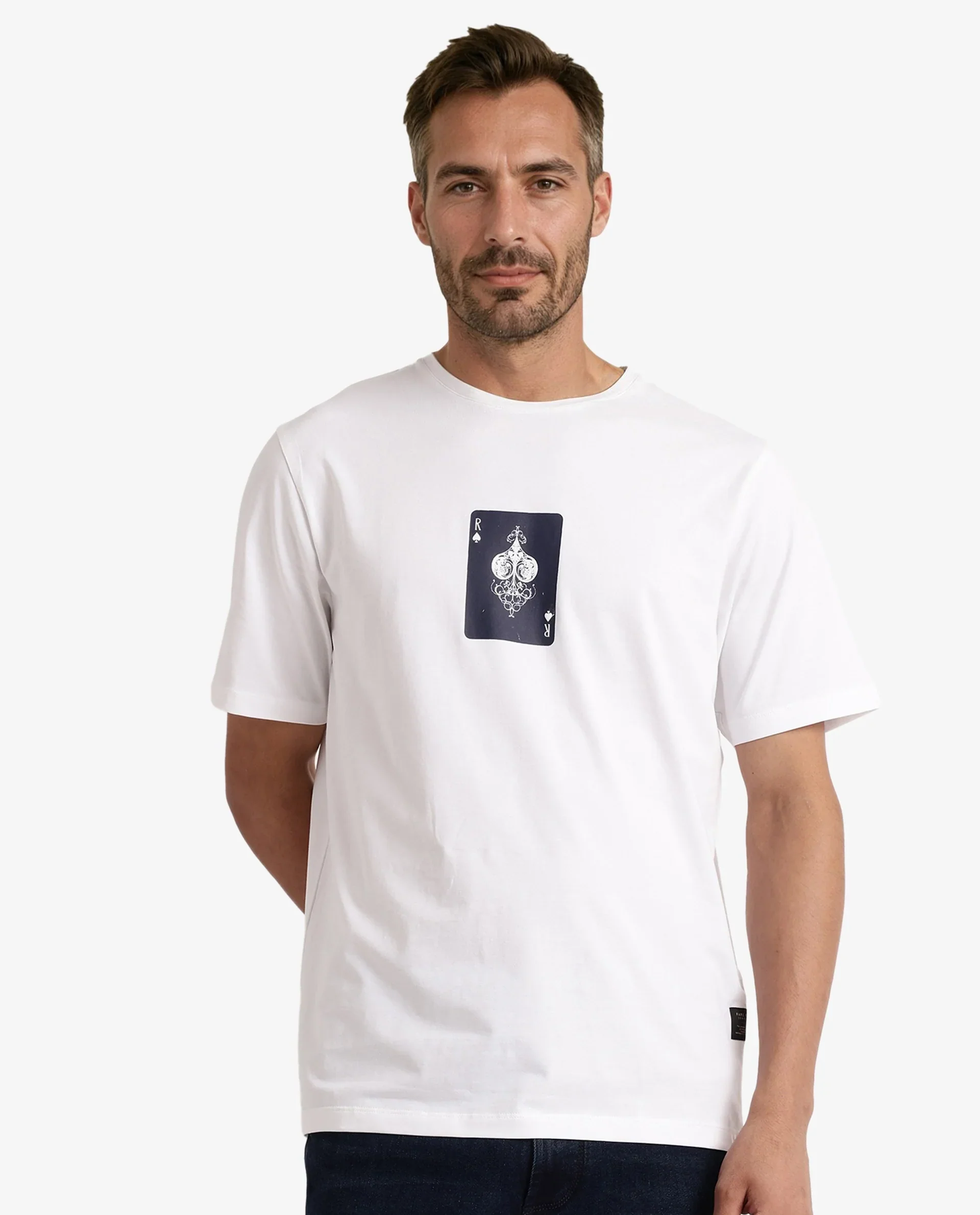 Rare Rabbit Men's Caf White Cotton Graphic Print Regular Fit Half Sleeve Crew Neck T-Shirt - Image 7