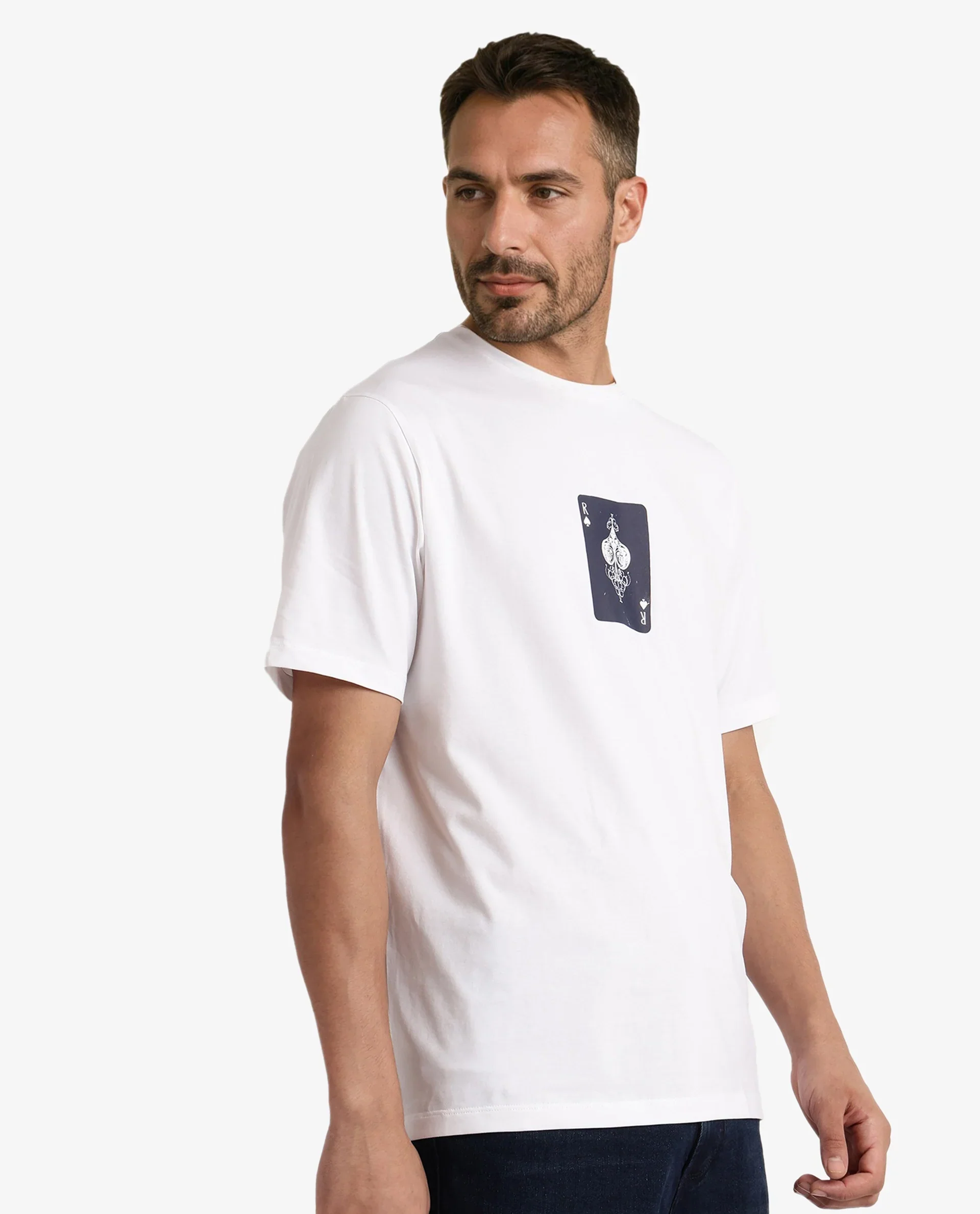 Rare Rabbit Men's Caf White Cotton Graphic Print Regular Fit Half Sleeve Crew Neck T-Shirt - Image 8