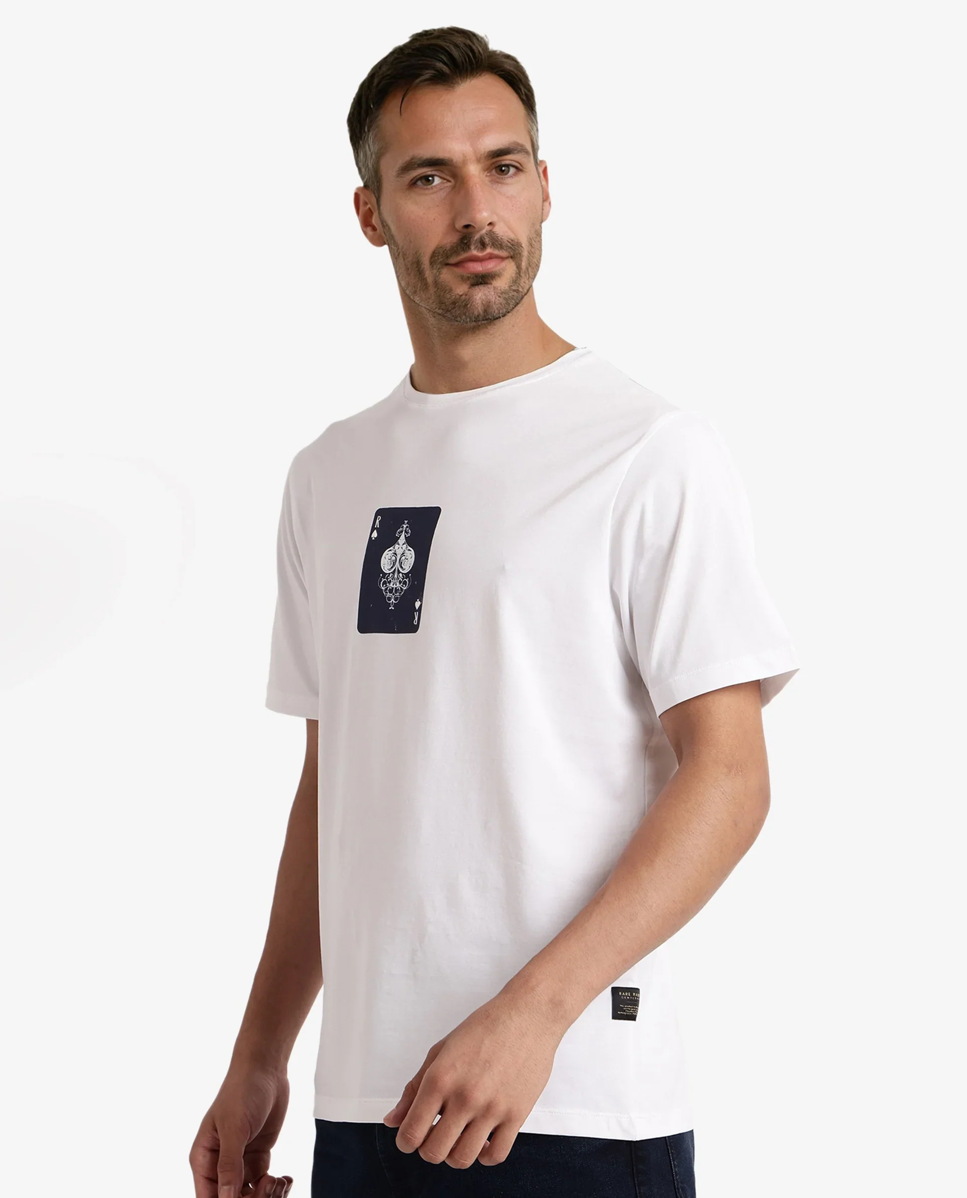 Rare Rabbit Men's Caf White Cotton Graphic Print Regular Fit Half Sleeve Crew Neck T-Shirt - Image 9