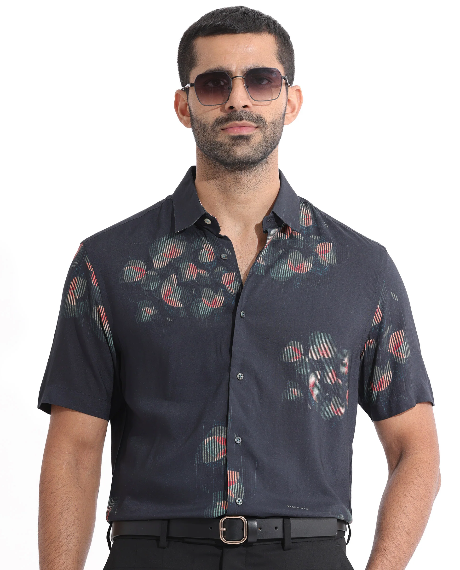 Rare Rabbit Men's Cage Green Cotton Floral Print Regular Fit Half Sleeve Collared Shirt
