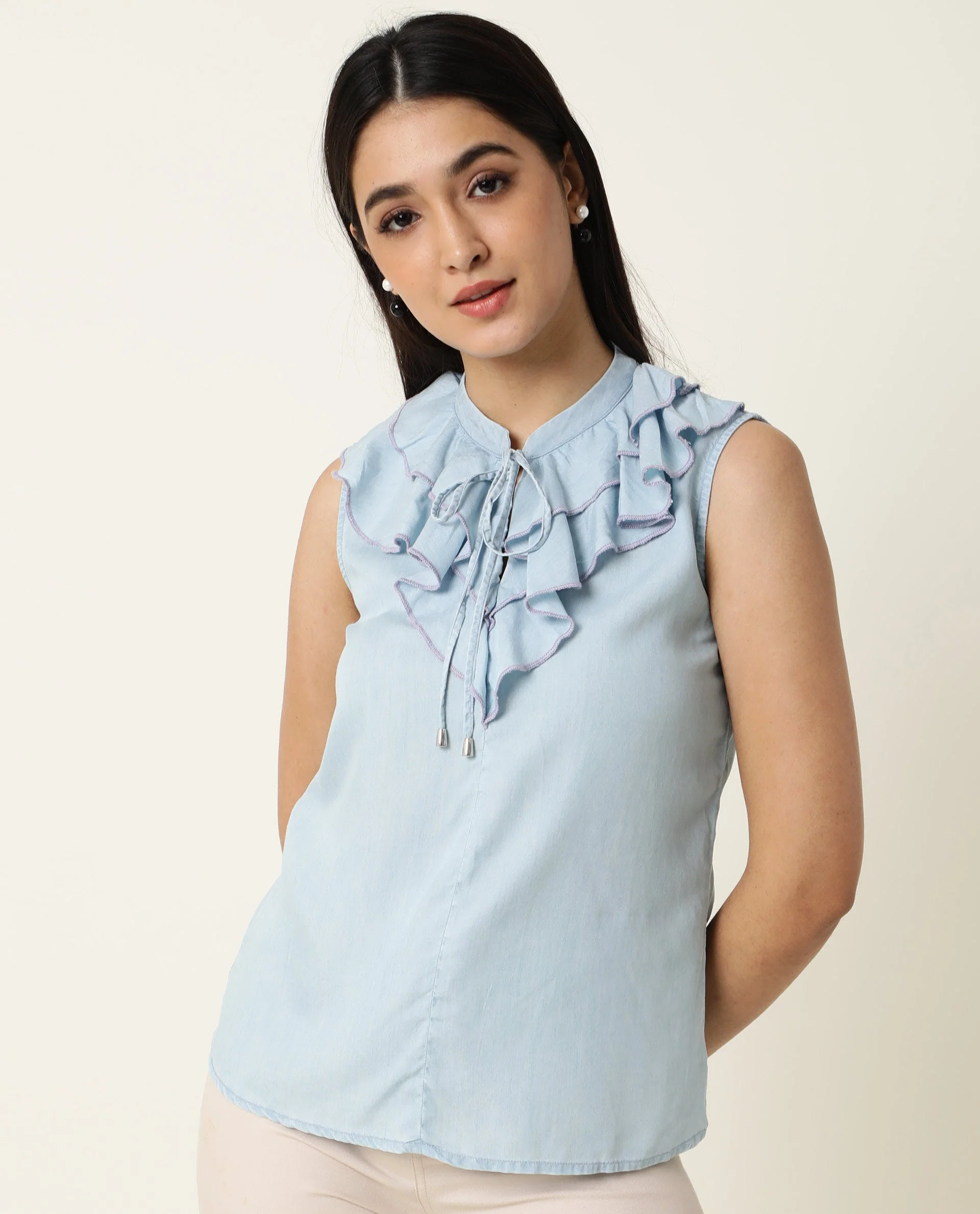 Rareism Women's Cage Blue Tencel Key Hole Neck Plain Sleeveless Tailored Top