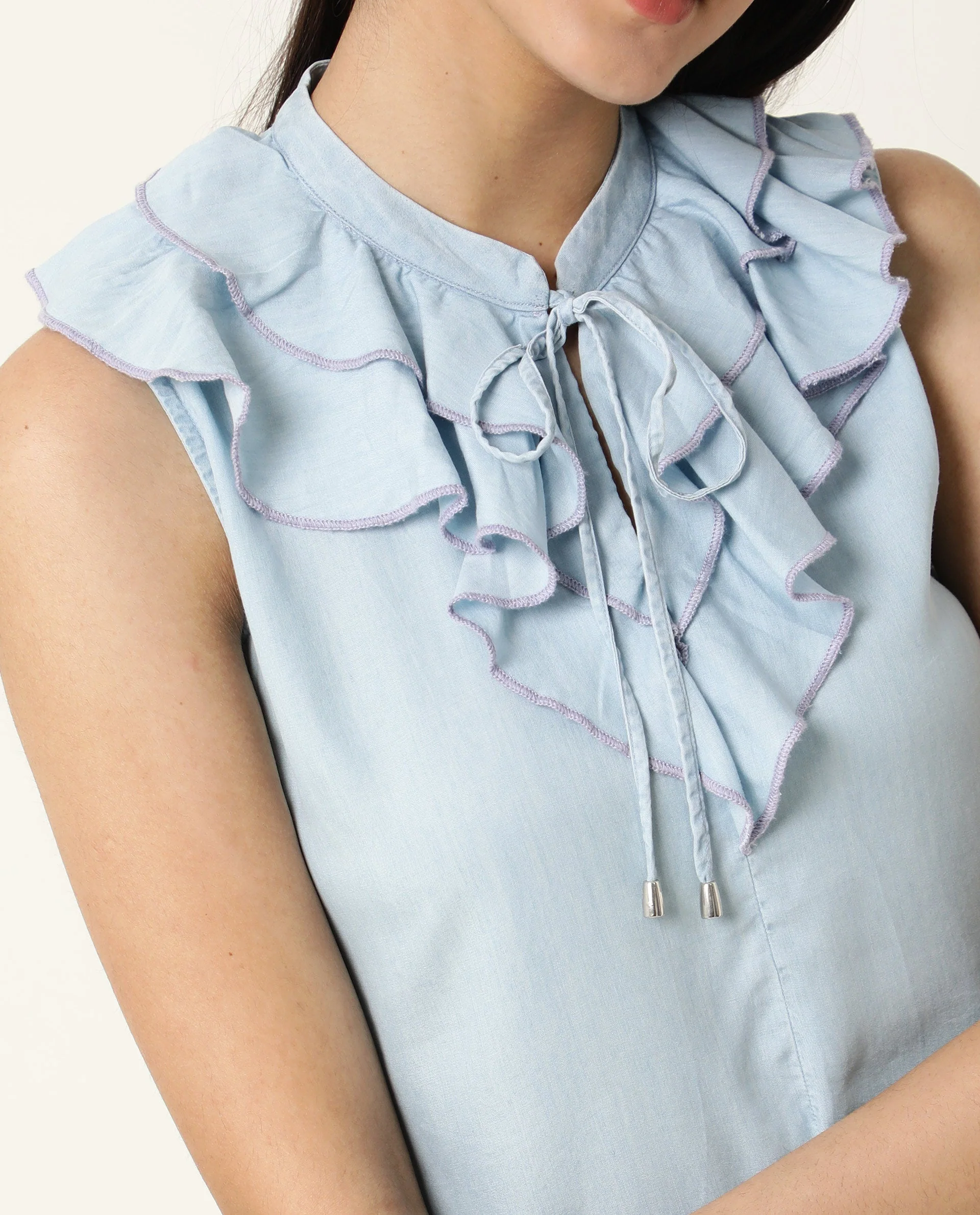 Rareism Women's Cage Blue Tencel Key Hole Neck Plain Sleeveless Tailored Top - Image 2