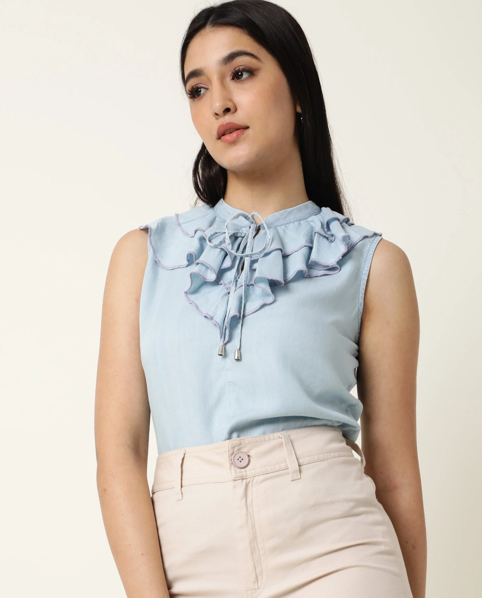 Rareism Women's Cage Blue Tencel Key Hole Neck Plain Sleeveless Tailored Top - Image 3