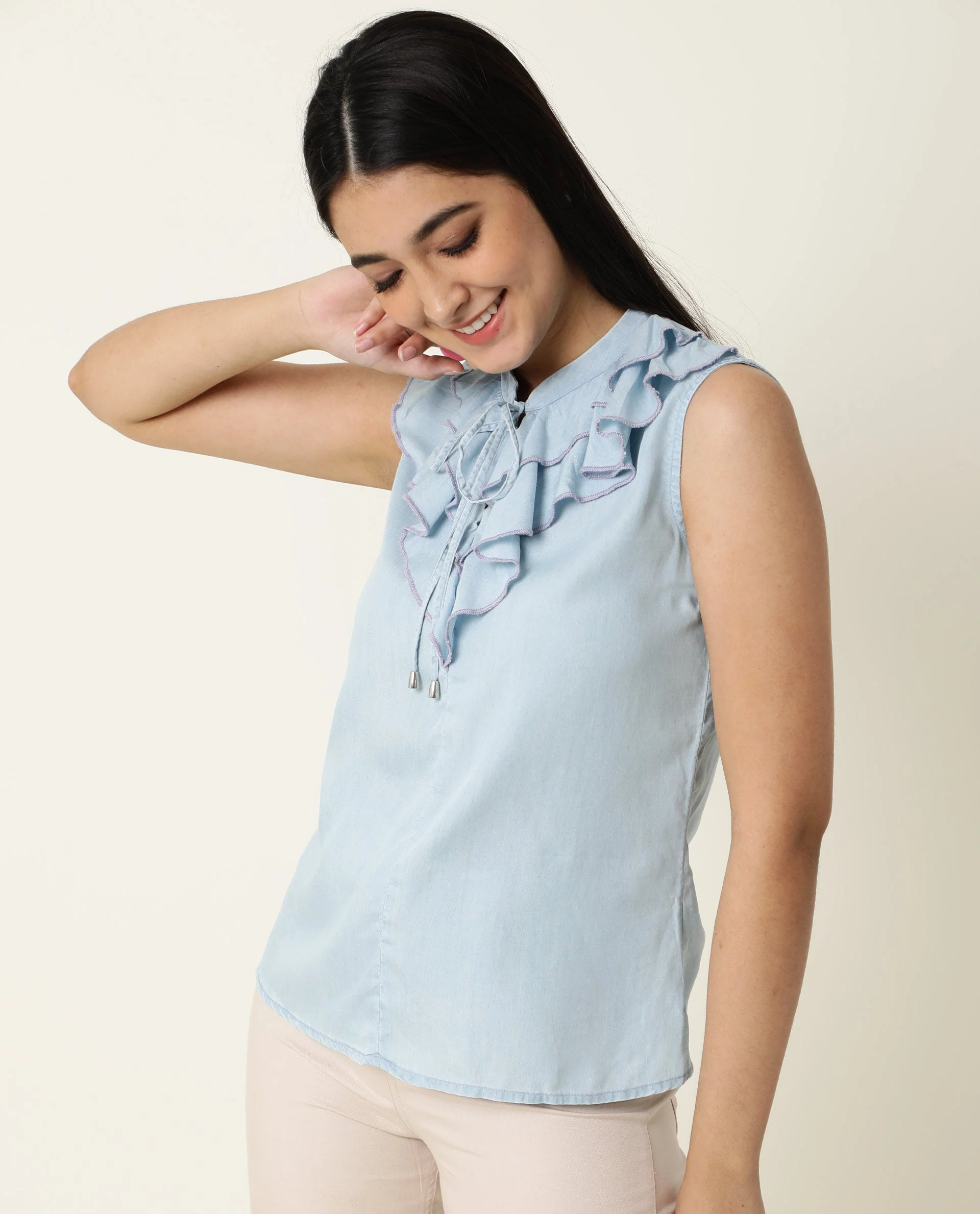 Rareism Women's Cage Blue Tencel Key Hole Neck Plain Sleeveless Tailored Top - Image 5