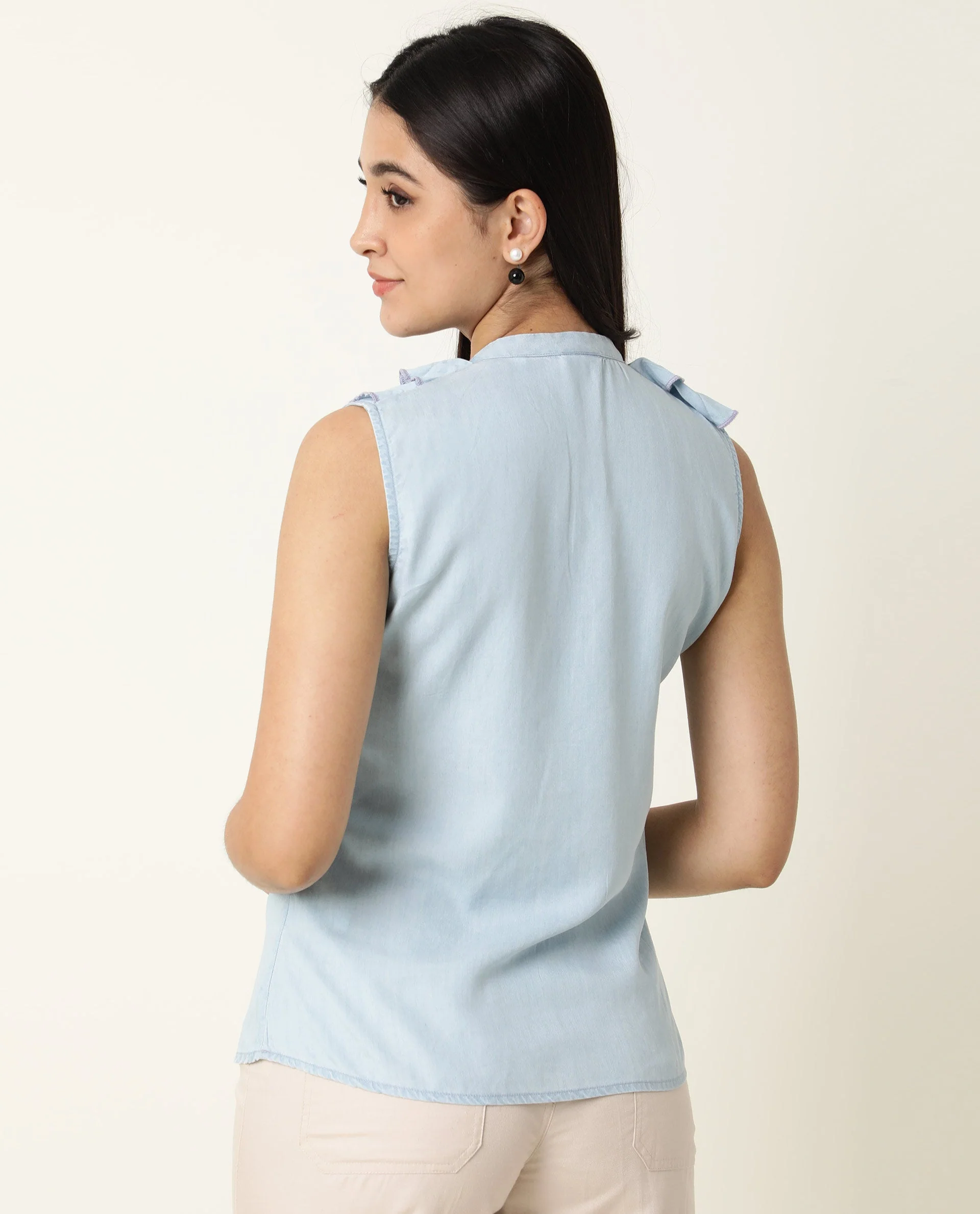 Rareism Women's Cage Blue Tencel Key Hole Neck Plain Sleeveless Tailored Top - Image 7