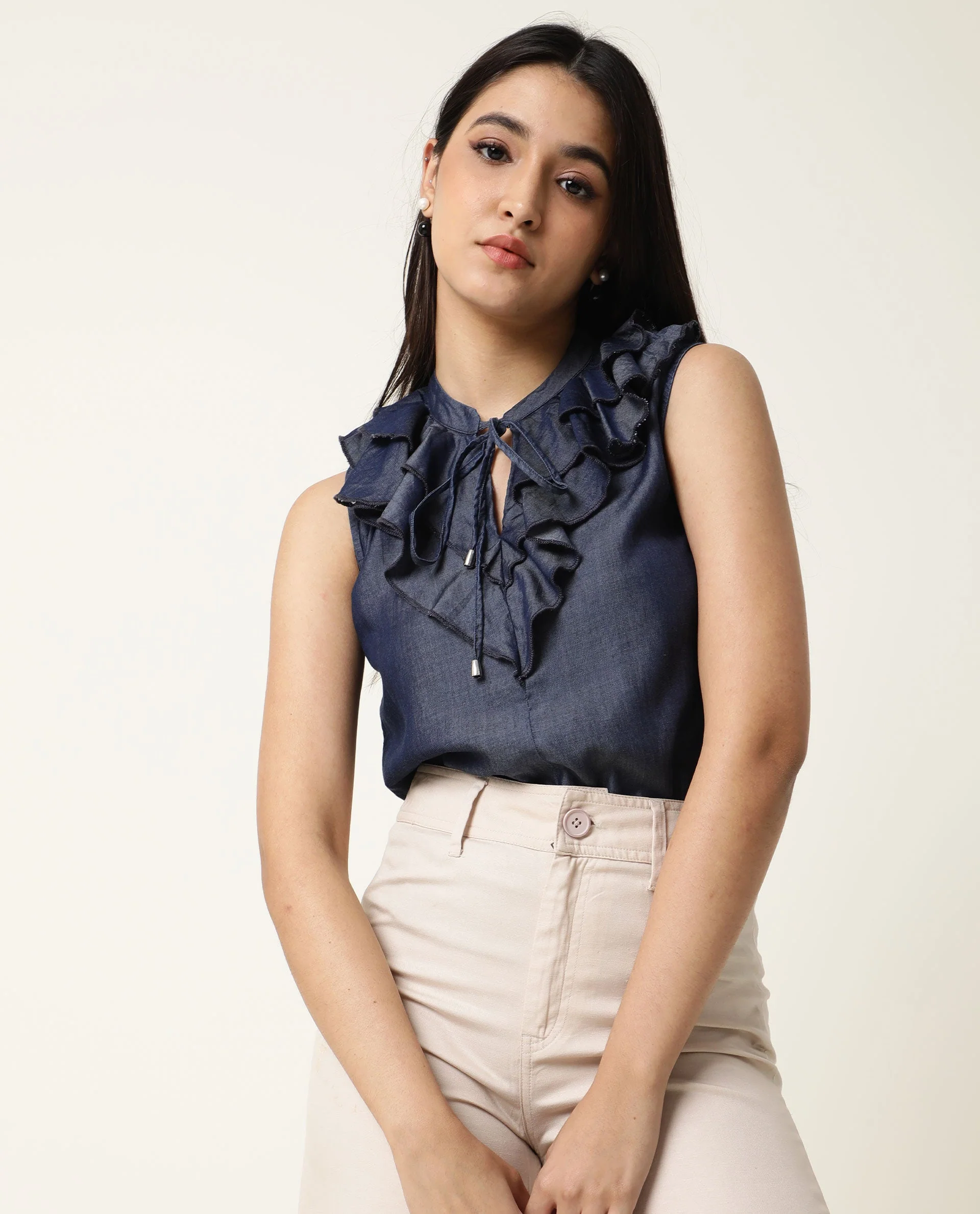 Rareism Women's Cage Navy Tencel Key Hole Neck Plain Sleeveless Tailored Top