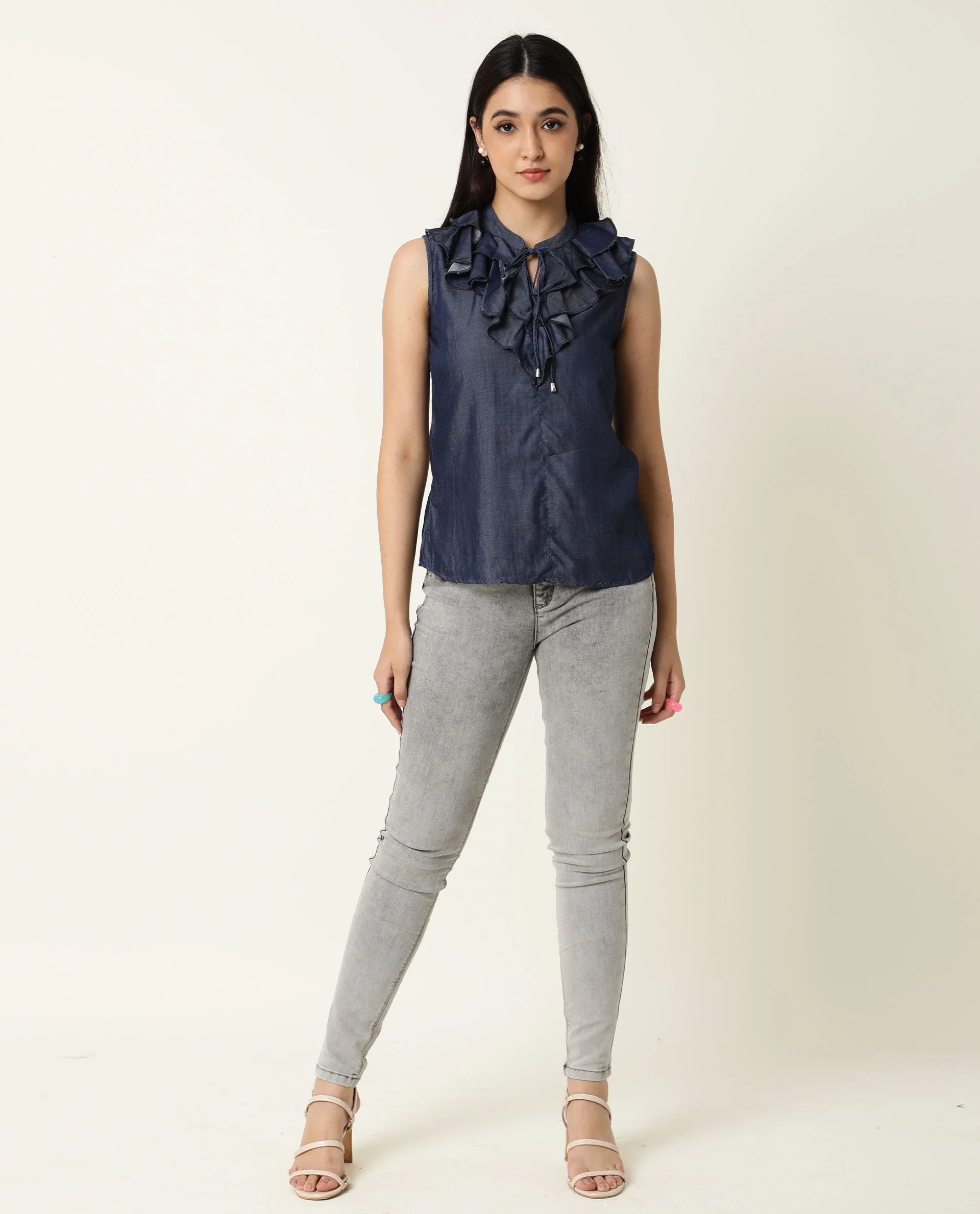 Rareism Women's Cage Navy Tencel Key Hole Neck Plain Sleeveless Tailored Top - Image 2