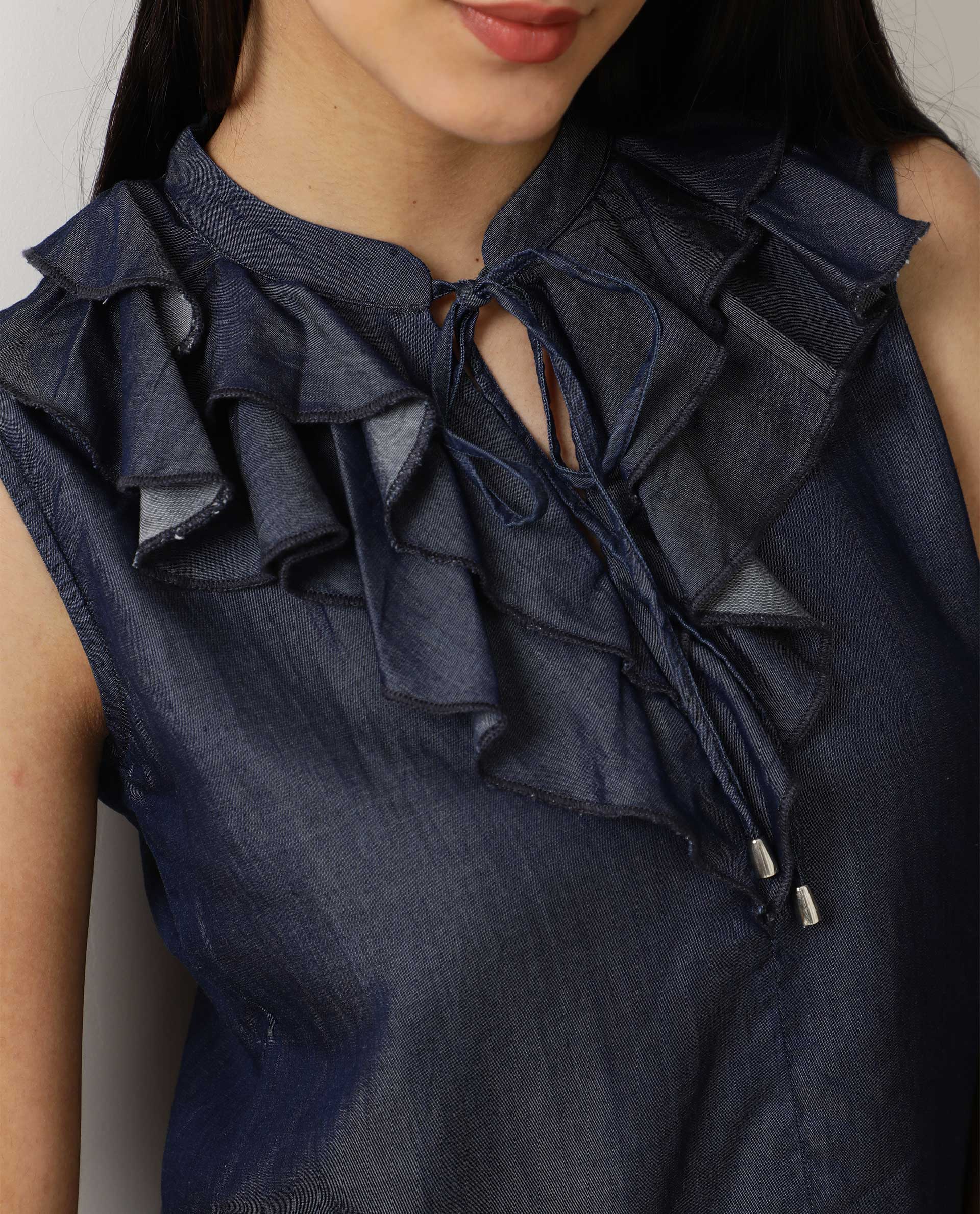 Rareism Women's Cage Navy Tencel Key Hole Neck Plain Sleeveless Tailored Top - Image 3