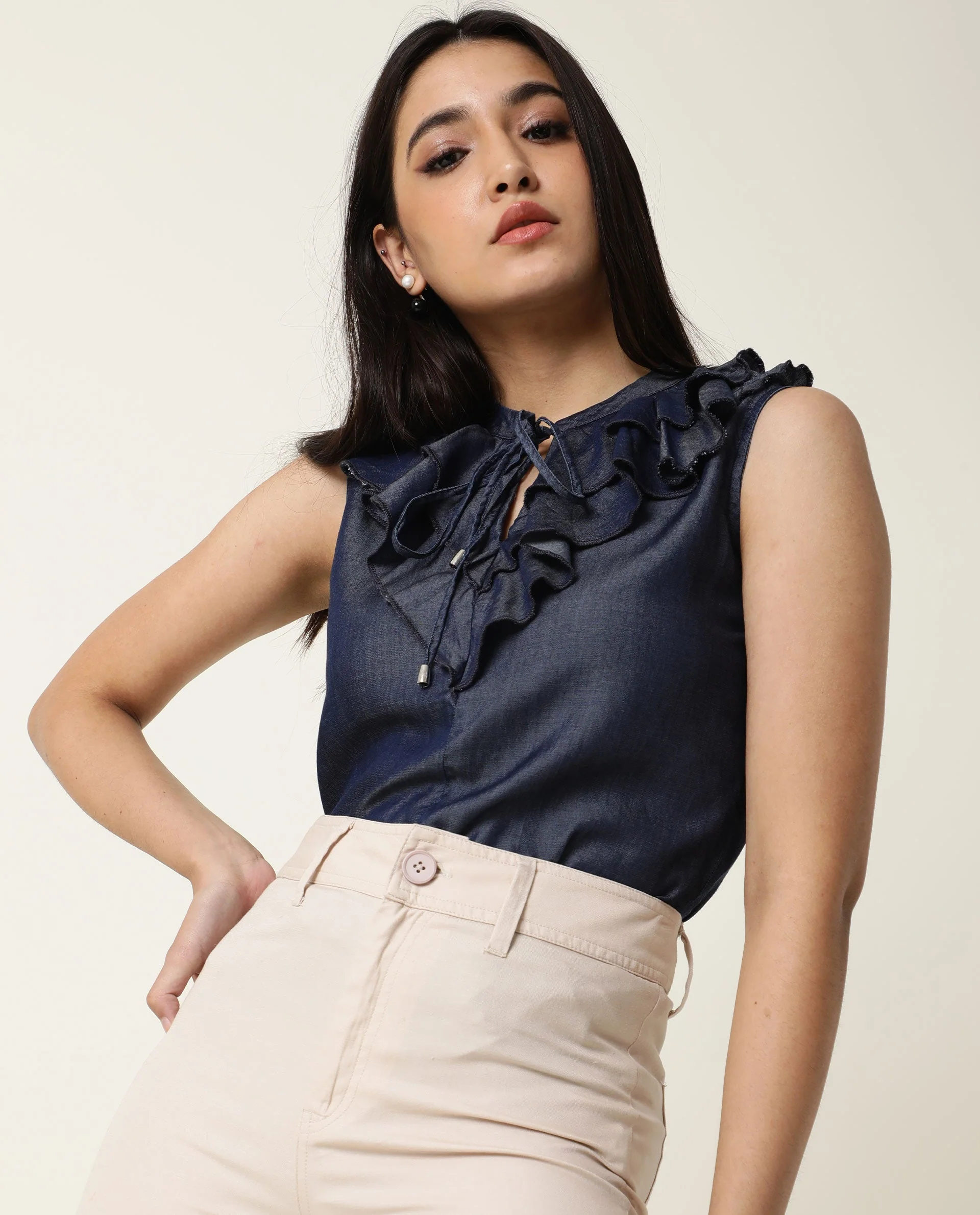 Rareism Women's Cage Navy Tencel Key Hole Neck Plain Sleeveless Tailored Top - Image 5