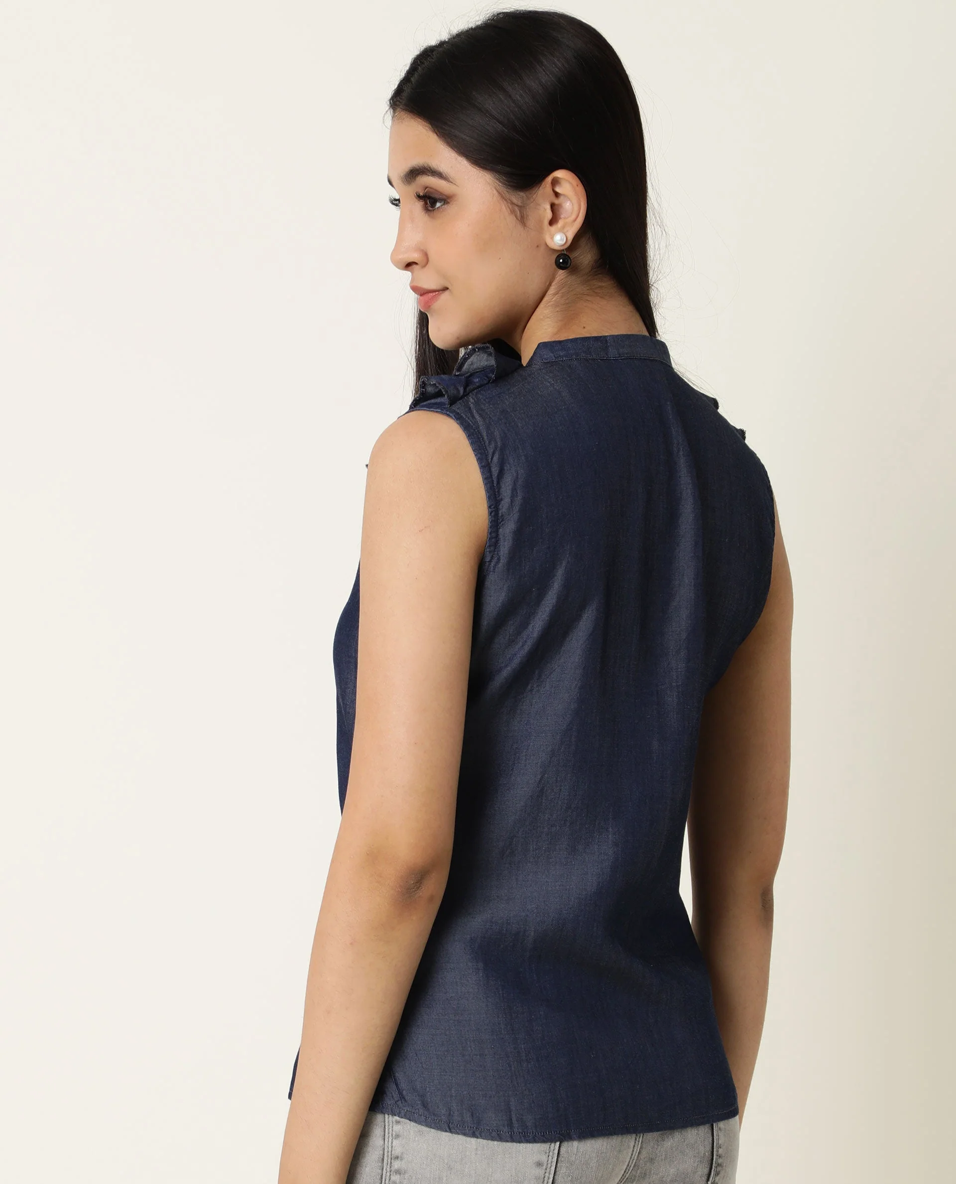 Rareism Women's Cage Navy Tencel Key Hole Neck Plain Sleeveless Tailored Top - Image 6