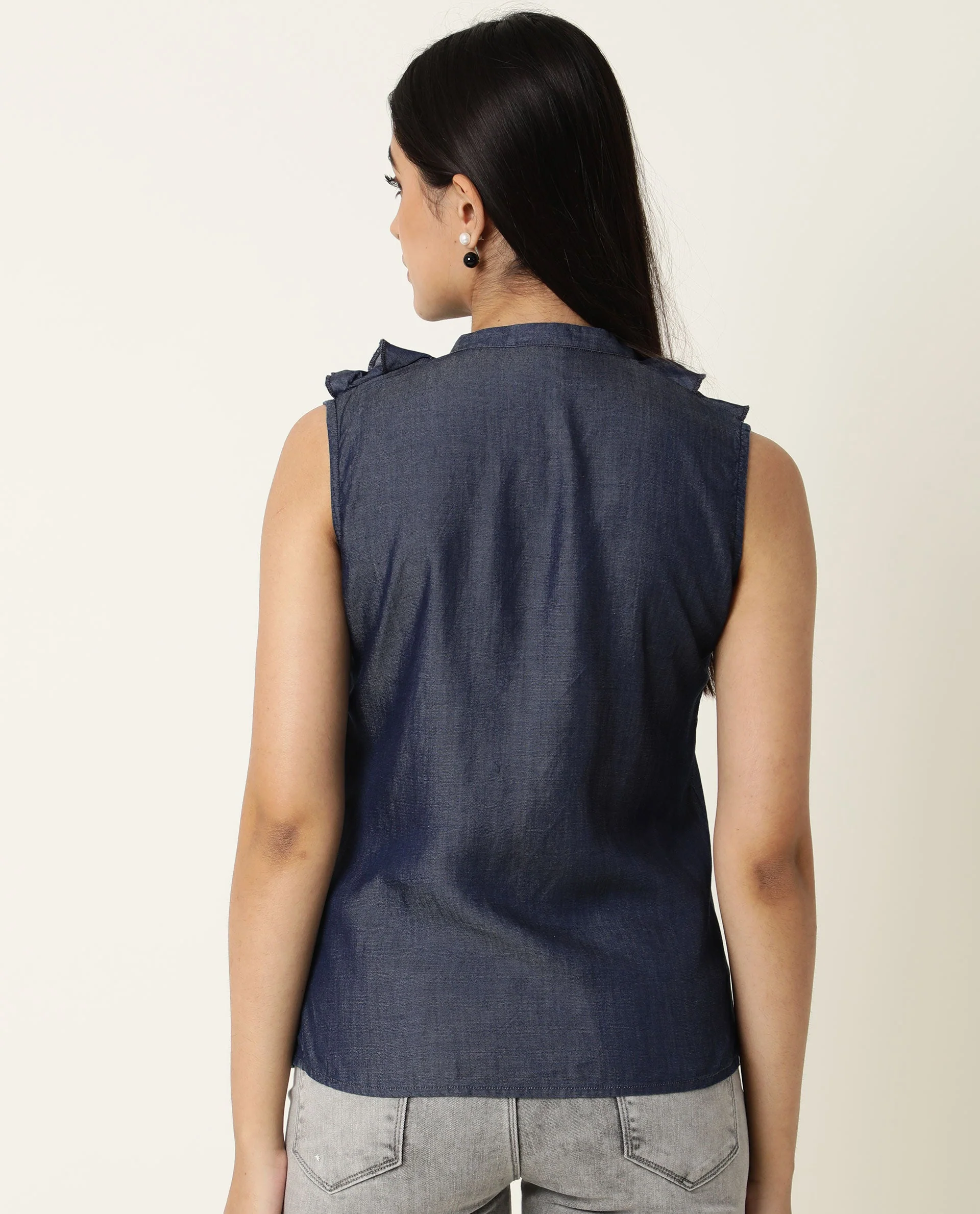 Rareism Women's Cage Navy Tencel Key Hole Neck Plain Sleeveless Tailored Top - Image 7
