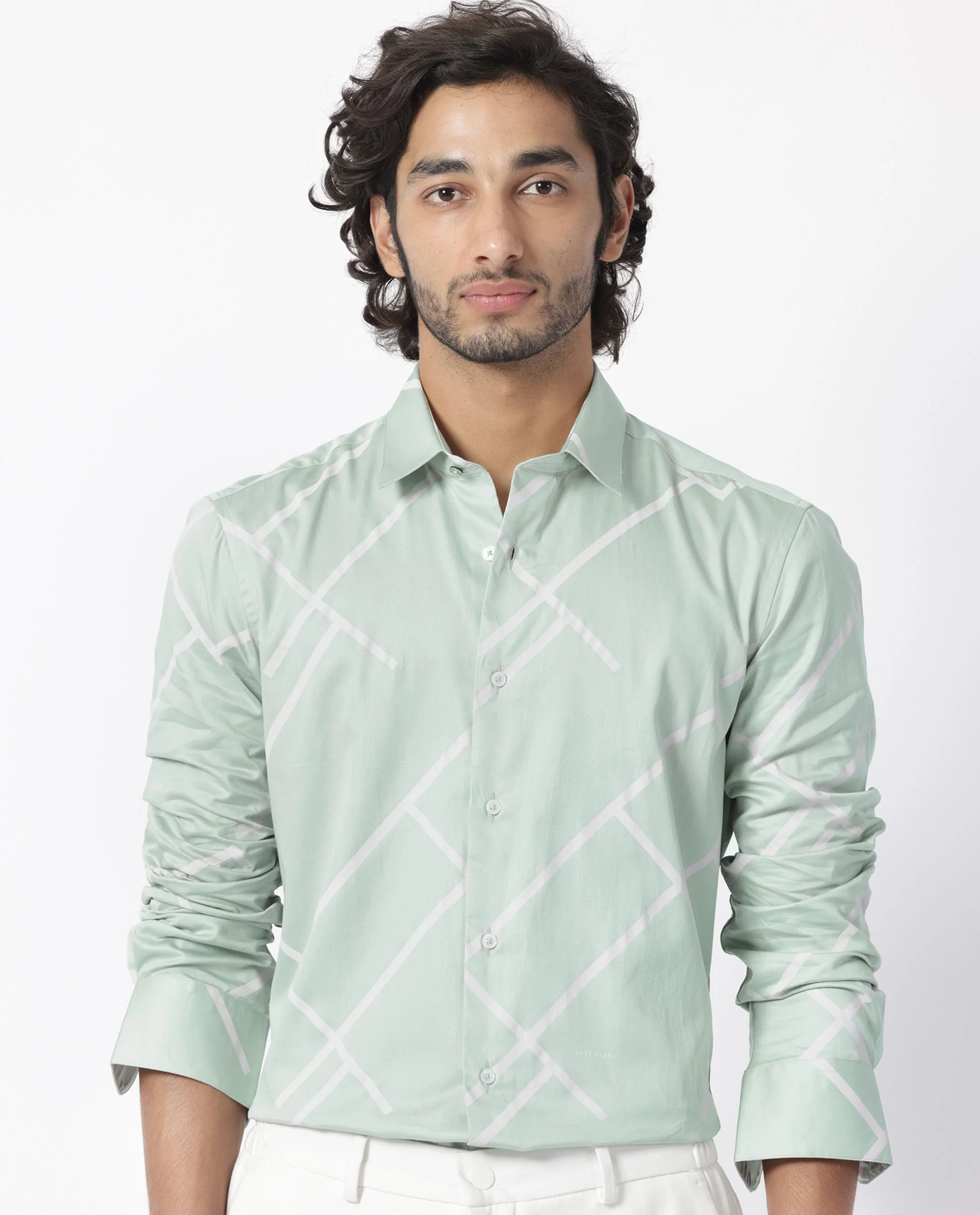 Rare Rabbit Men's Cagen Pastel Green Cotton Geometric Print Regular Fit Full Sleeve Collared Shirt