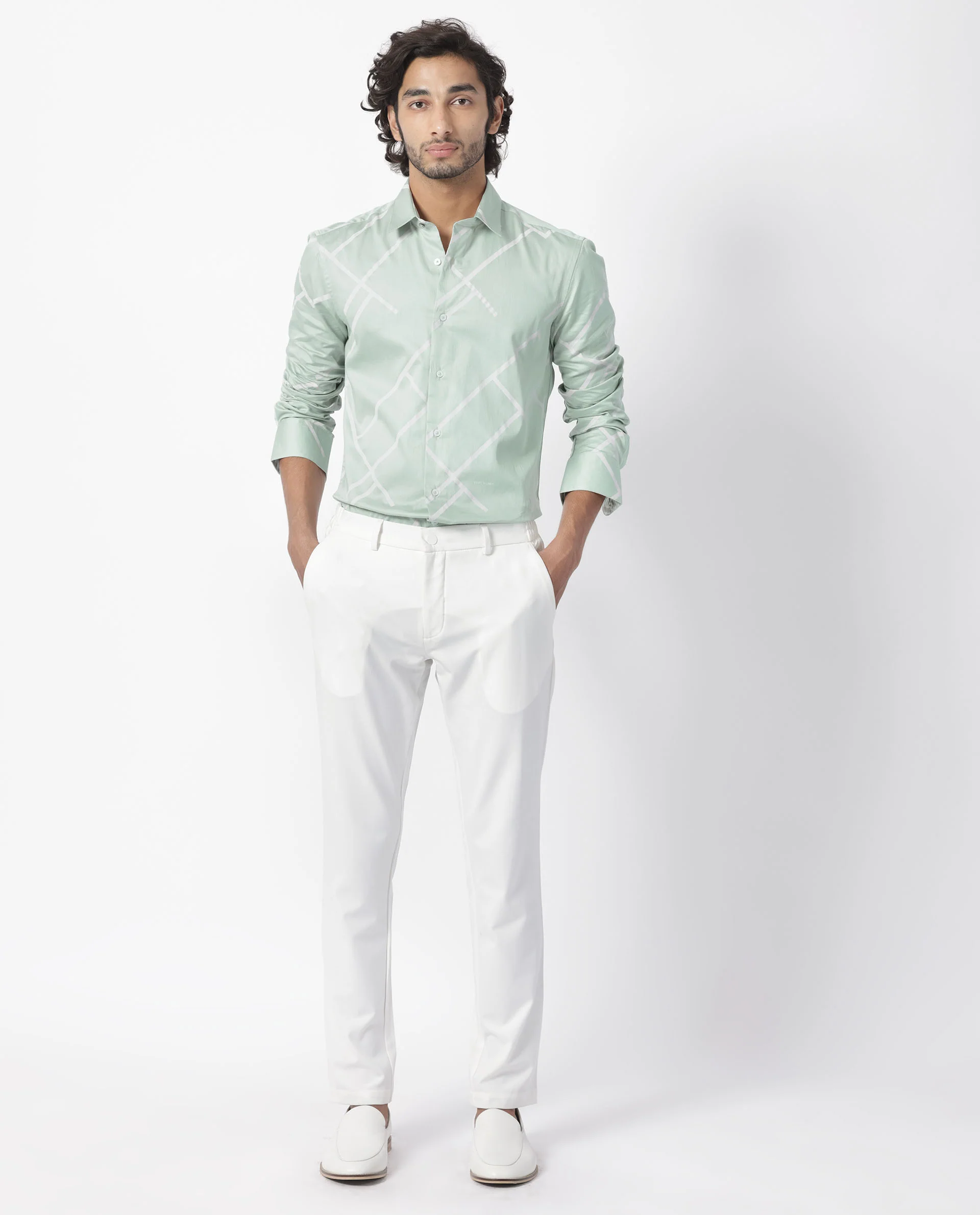 Rare Rabbit Men's Cagen Pastel Green Cotton Geometric Print Regular Fit Full Sleeve Collared Shirt - Image 2