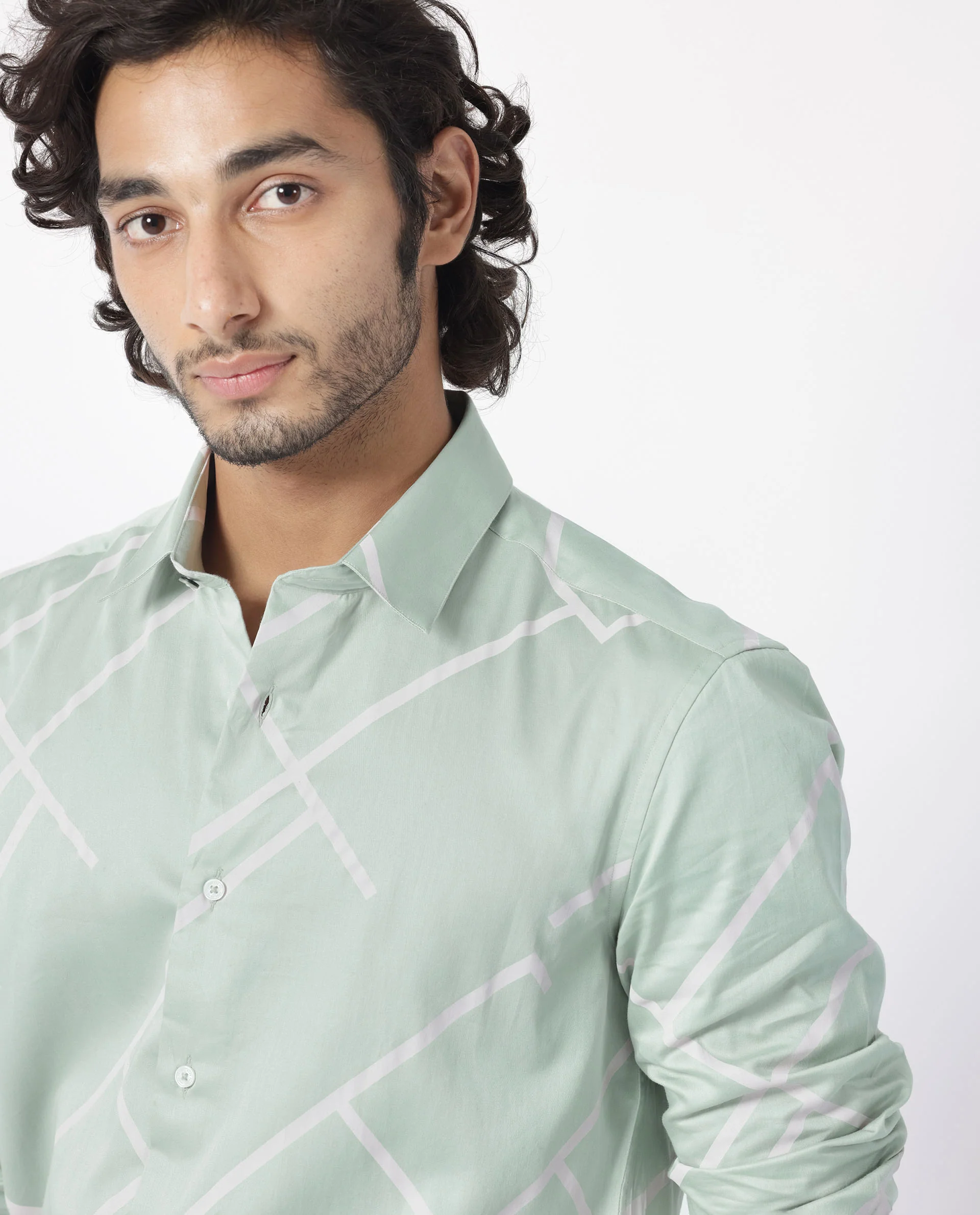 Rare Rabbit Men's Cagen Pastel Green Cotton Geometric Print Regular Fit Full Sleeve Collared Shirt - Image 4