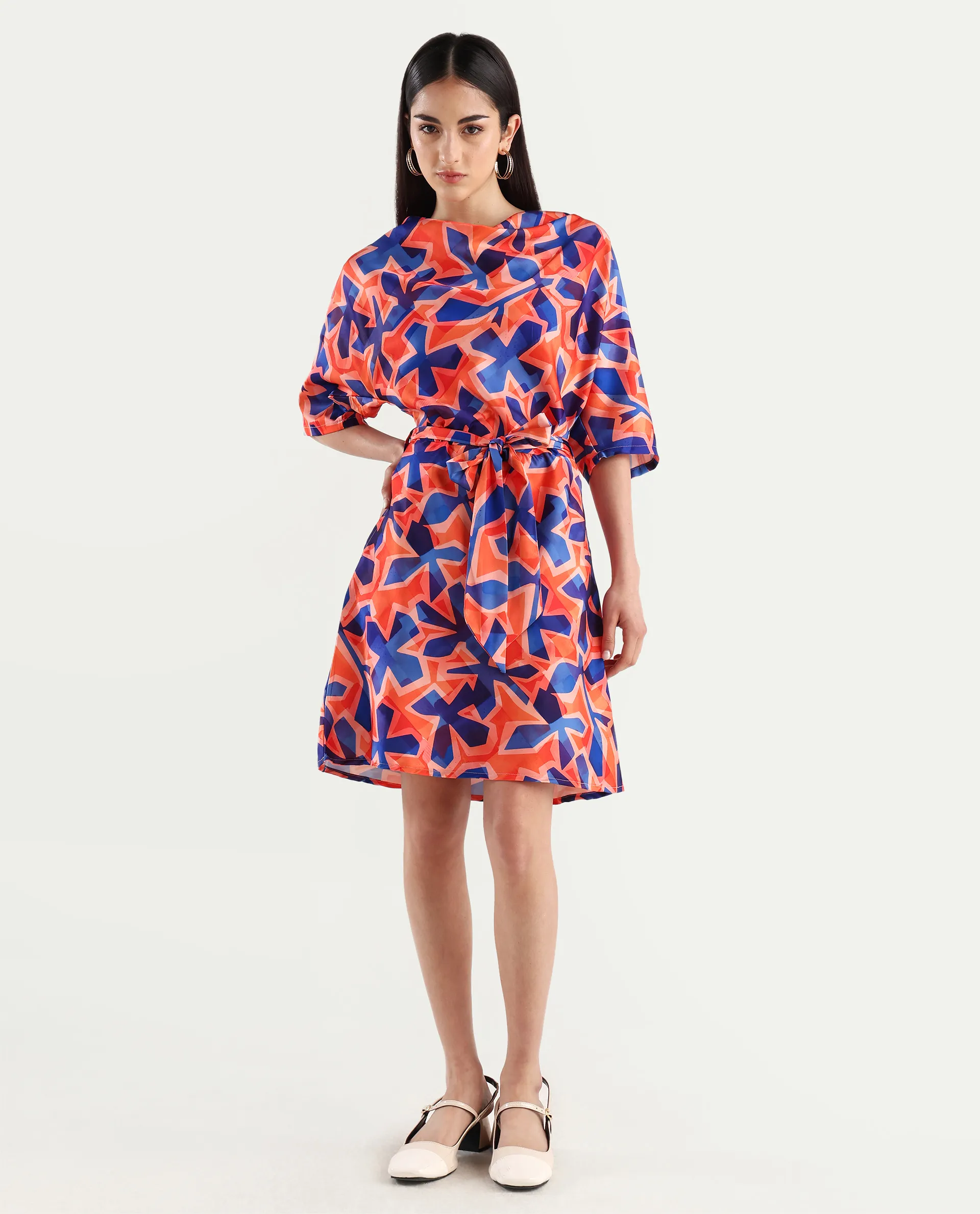 Rareism Women's Cagliari Multi Polyester Cowl Neck Abstract Print Extended Sleeves Mini Regular Fit Dress - Image 2