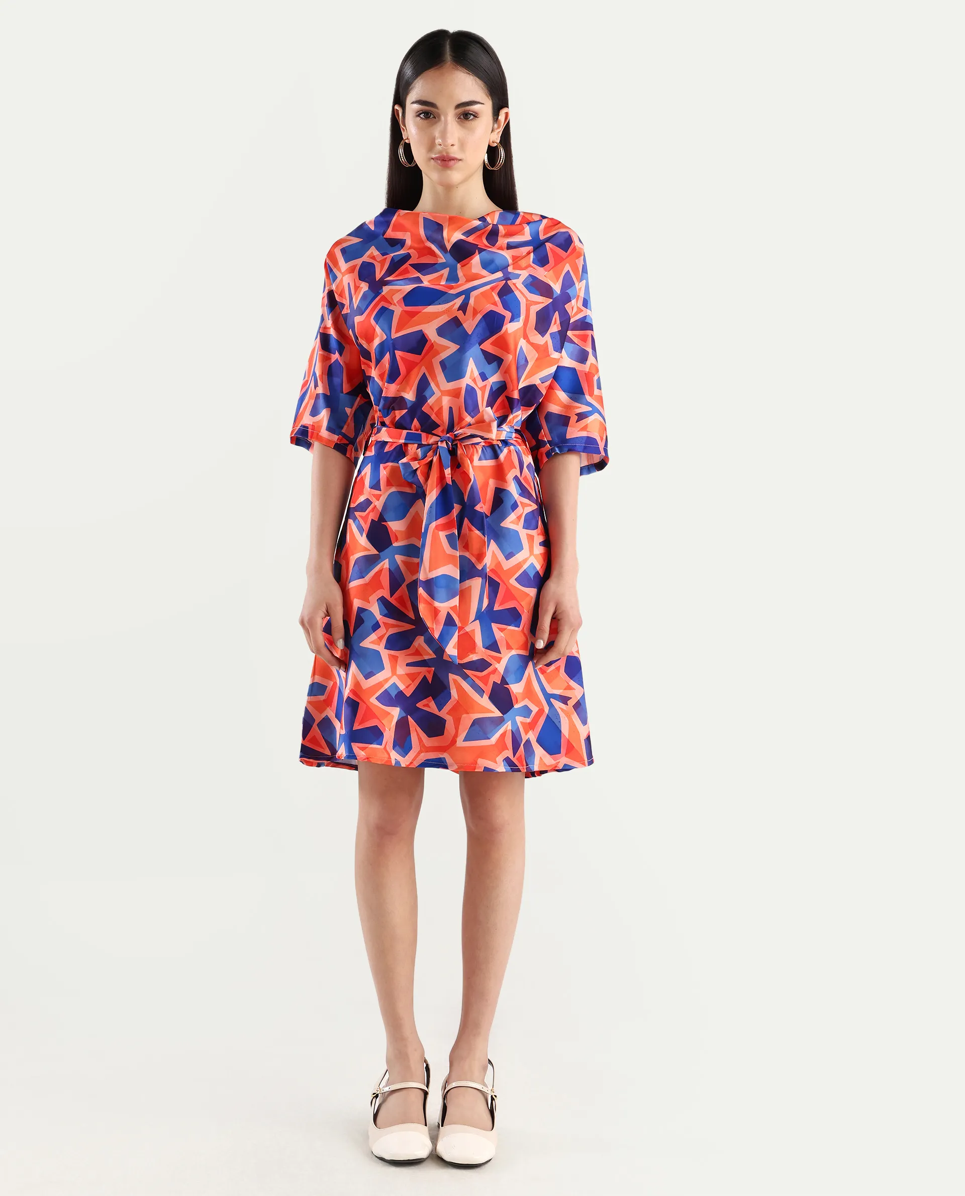 Rareism Women's Cagliari Multi Polyester Cowl Neck Abstract Print Extended Sleeves Mini Regular Fit Dress - Image 3