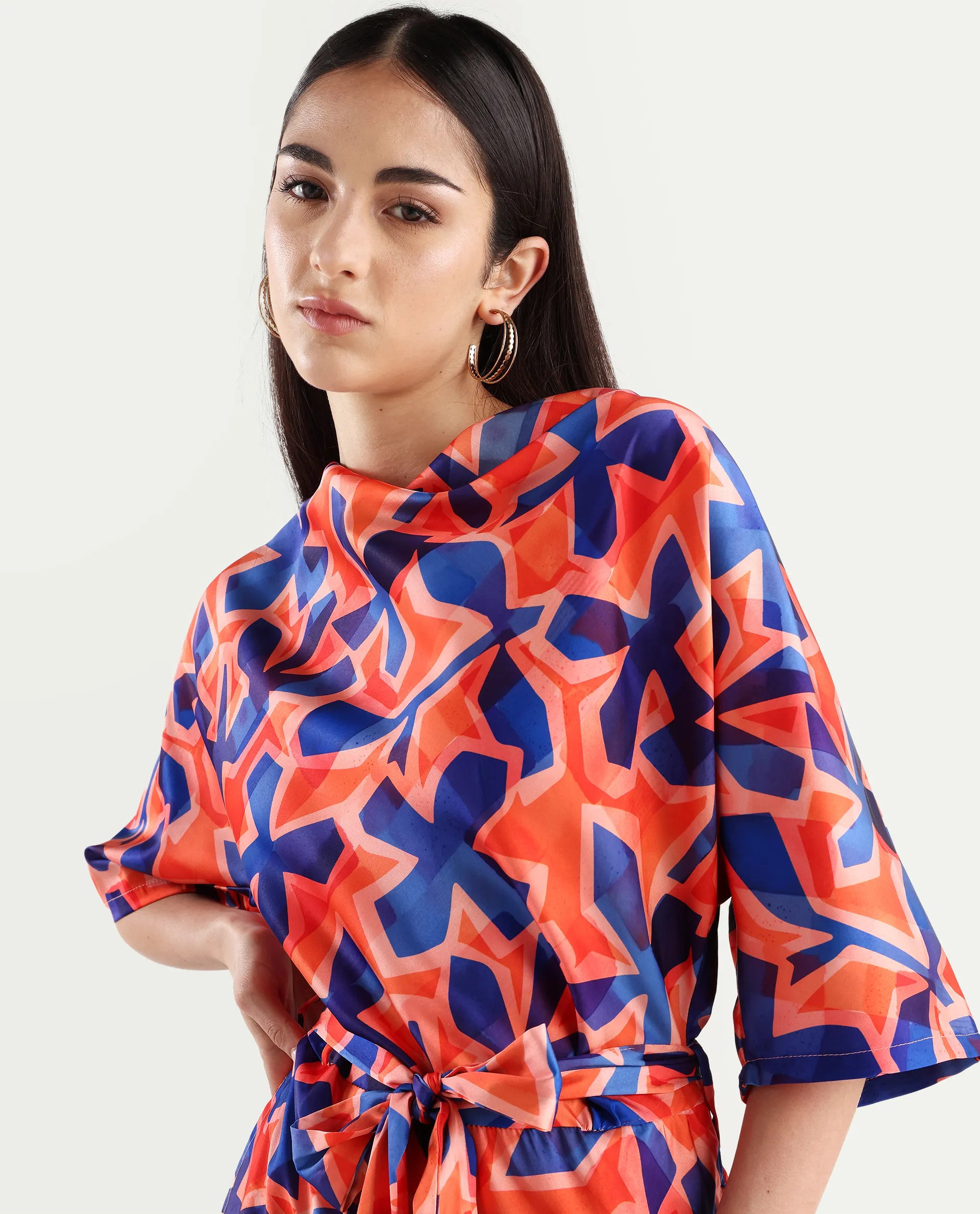 Rareism Women's Cagliari Multi Polyester Cowl Neck Abstract Print Extended Sleeves Mini Regular Fit Dress - Image 4