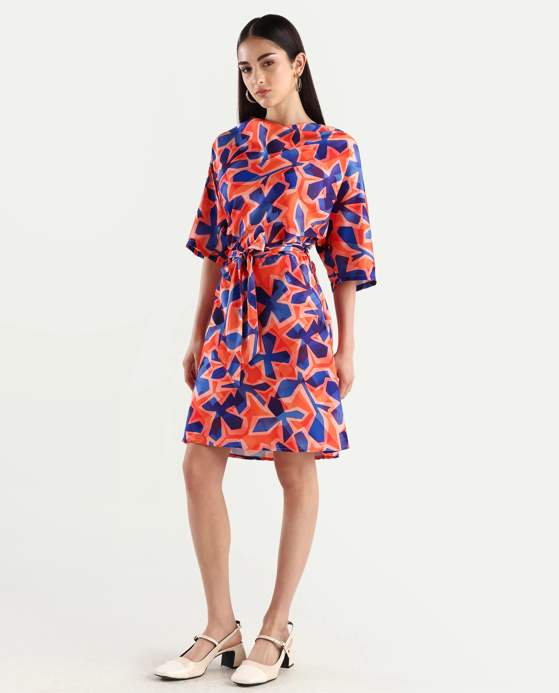 Rareism Women's Cagliari Multi Polyester Cowl Neck Abstract Print Extended Sleeves Mini Regular Fit Dress - Image 6
