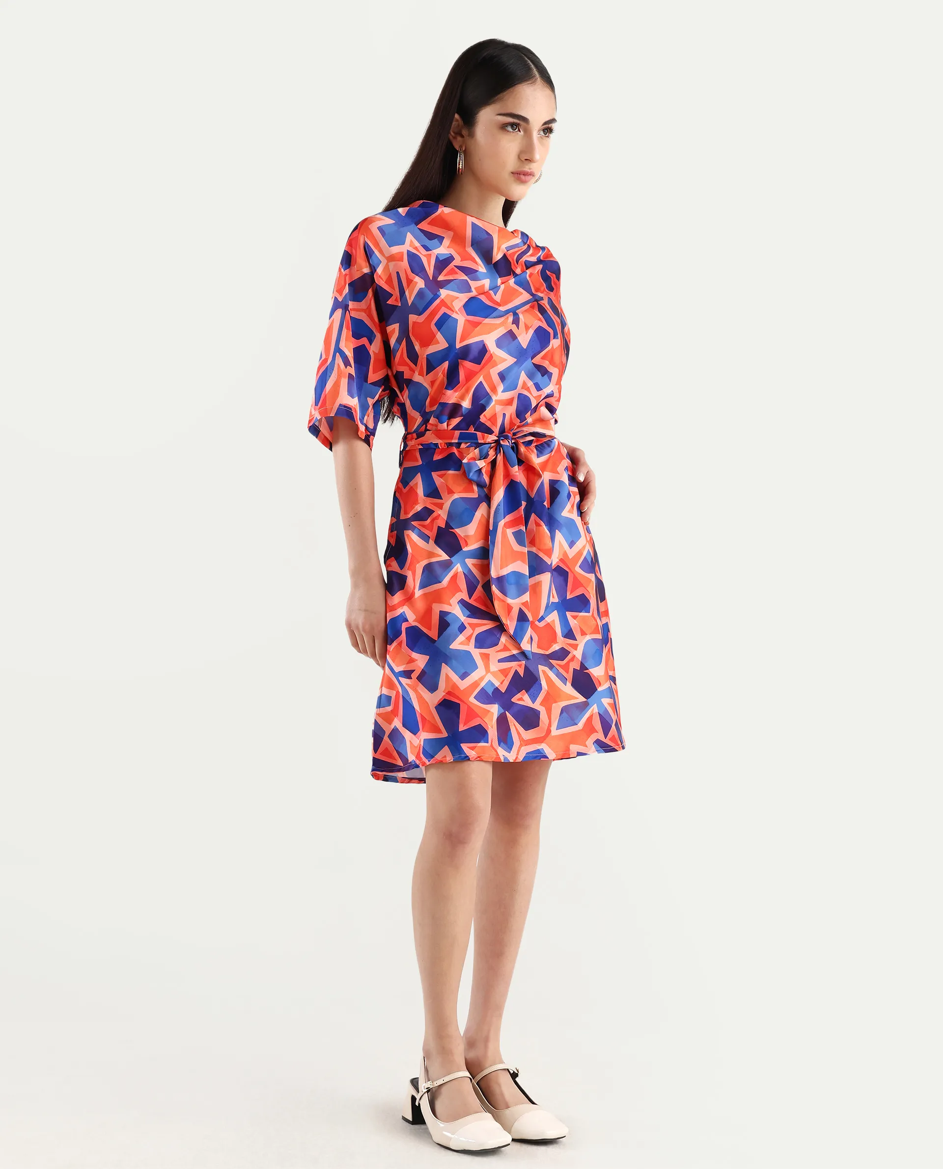 Rareism Women's Cagliari Multi Polyester Cowl Neck Abstract Print Extended Sleeves Mini Regular Fit Dress - Image 7