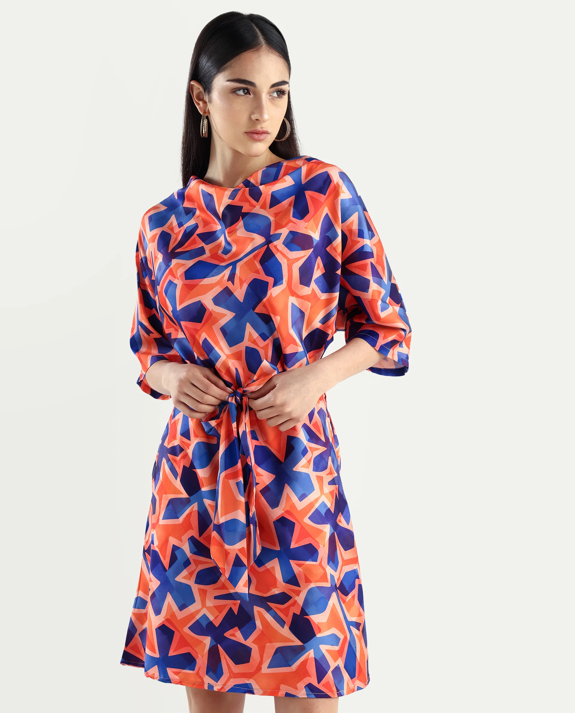 Rareism Women's Cagliari Multi Polyester Cowl Neck Abstract Print Extended Sleeves Mini Regular Fit Dress - Image 8