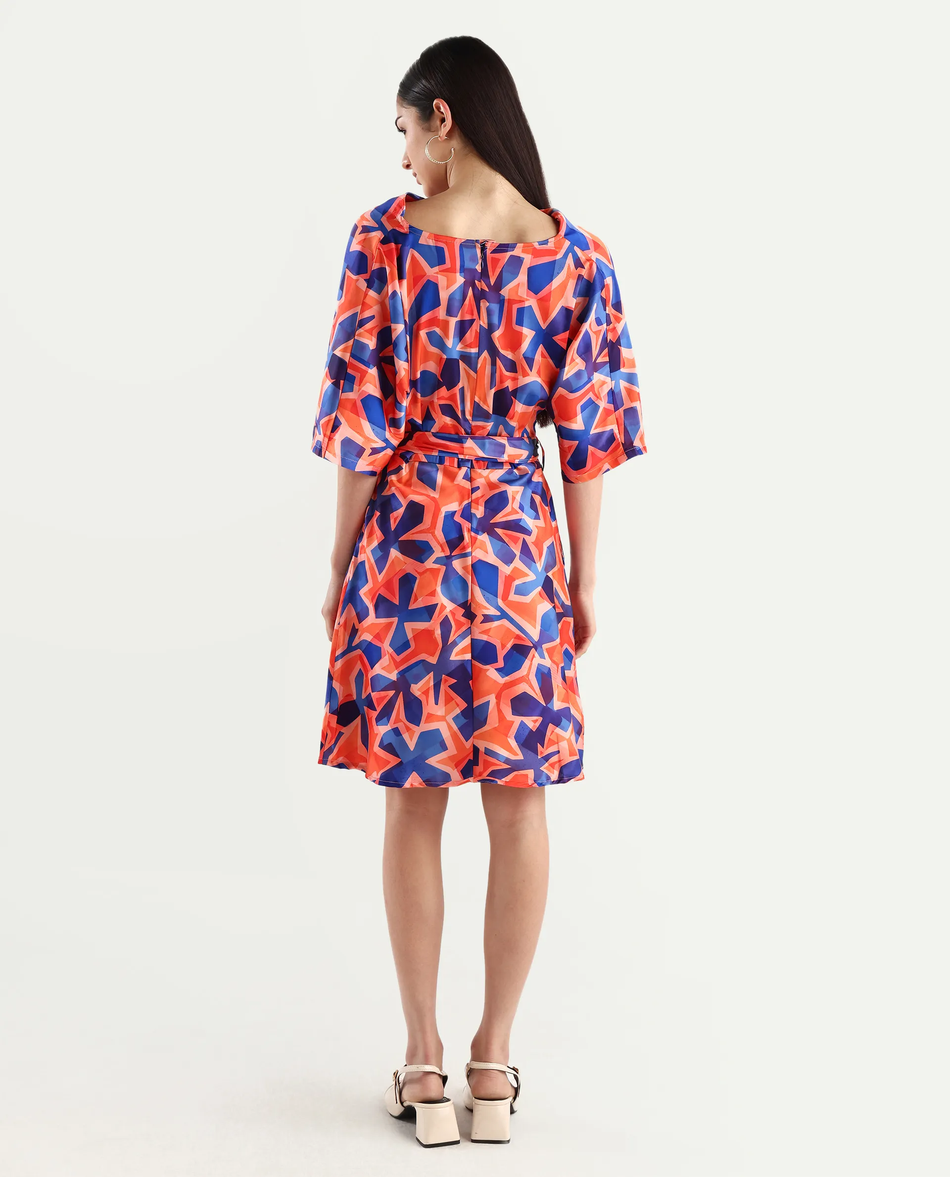 Rareism Women's Cagliari Multi Polyester Cowl Neck Abstract Print Extended Sleeves Mini Regular Fit Dress - Image 9
