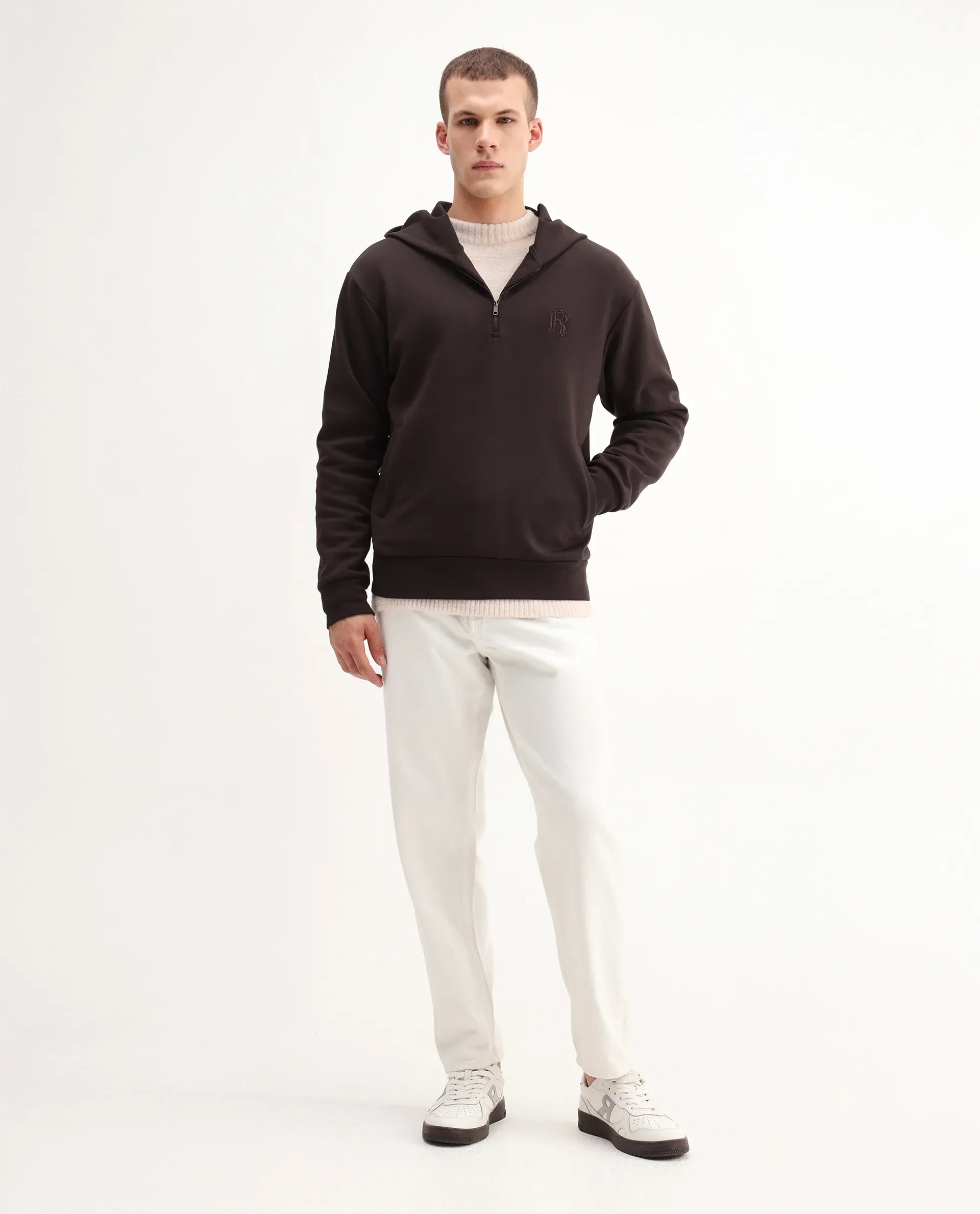 Rare Rabbit Men's Caig Dark Brown Cotton Blend Printed Regular Fit Full Sleeve Hooded Sweatshirt - Image 2