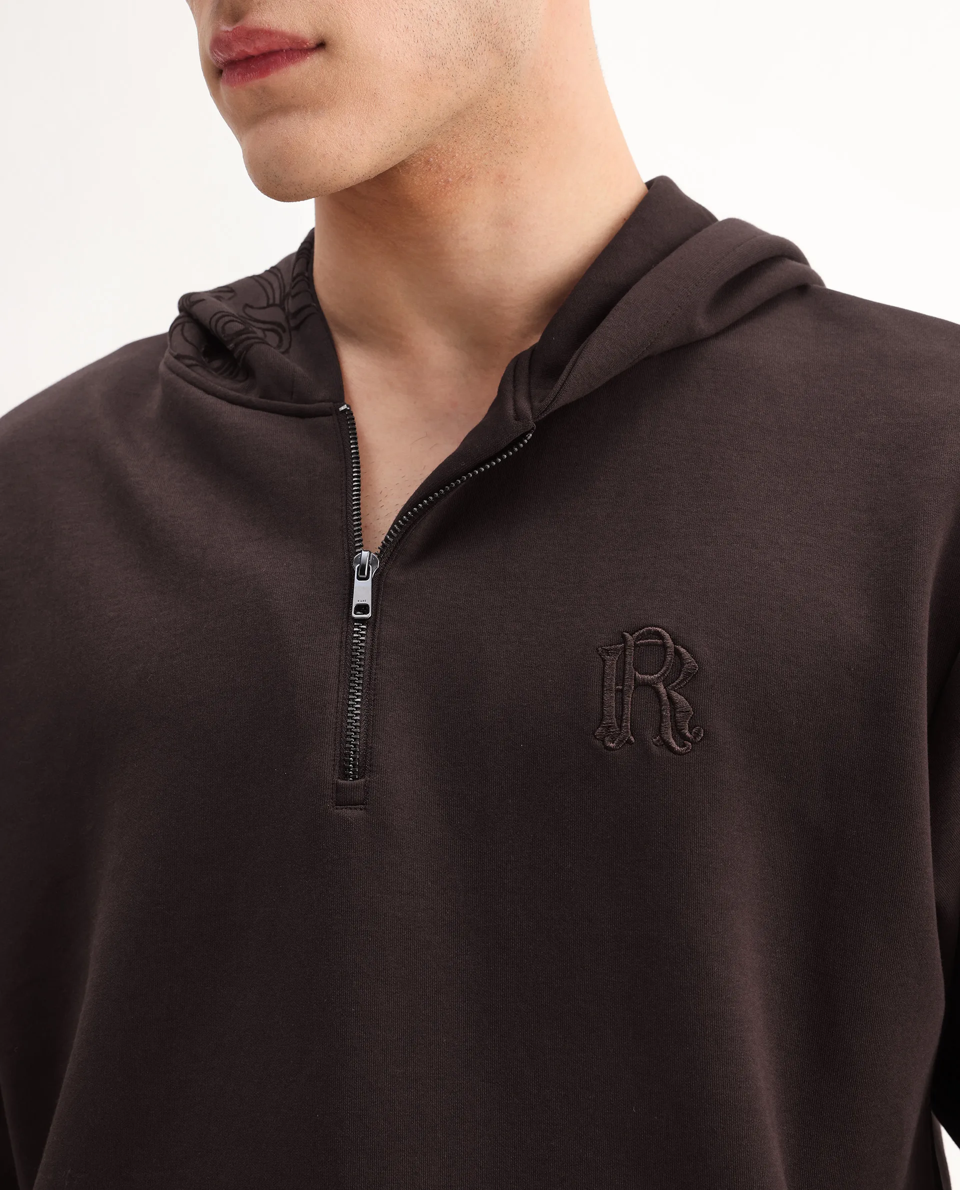 Rare Rabbit Men's Caig Dark Brown Cotton Blend Printed Regular Fit Full Sleeve Hooded Sweatshirt - Image 3